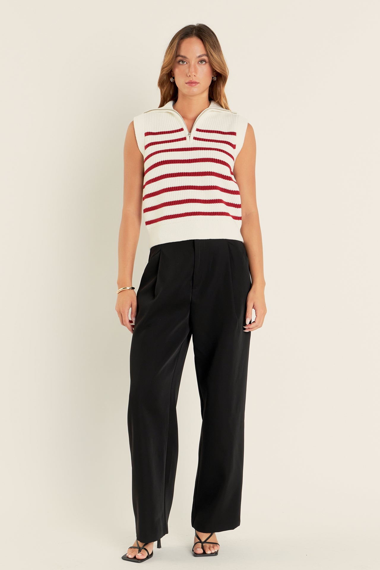 ENGLISH FACTORY - Stripe Half Zip Up Sleeveless Knit Top - TANK TOPS available at Objectrare