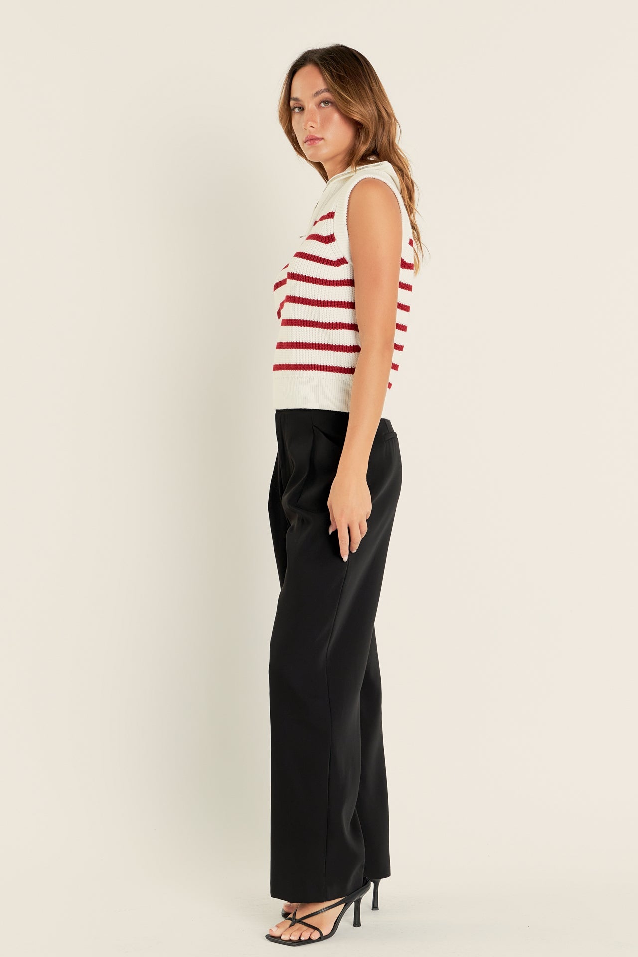 ENGLISH FACTORY - Stripe Half Zip Up Sleeveless Knit Top - TANK TOPS available at Objectrare
