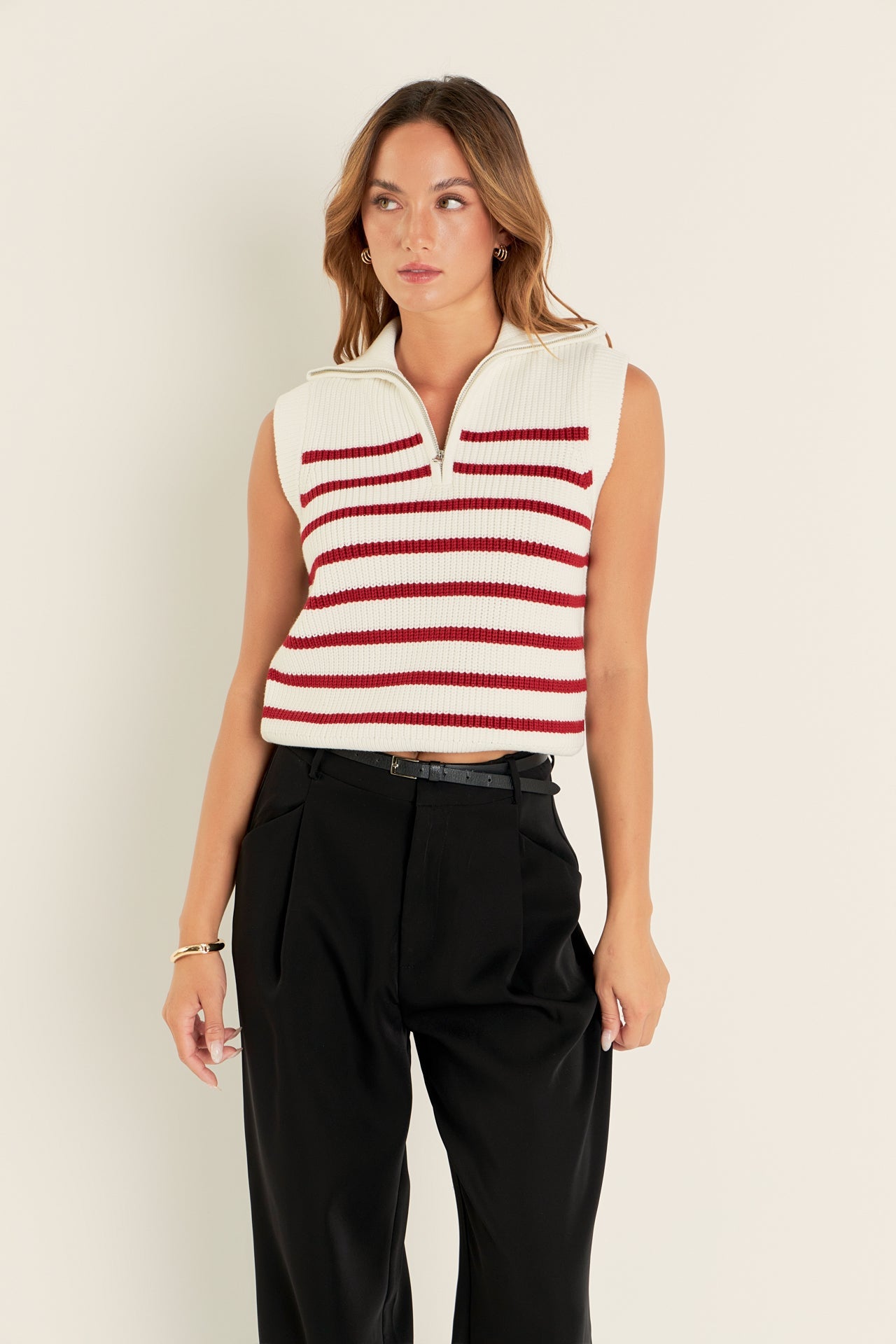 ENGLISH FACTORY - Stripe Half Zip Up Sleeveless Knit Top - TANK TOPS available at Objectrare