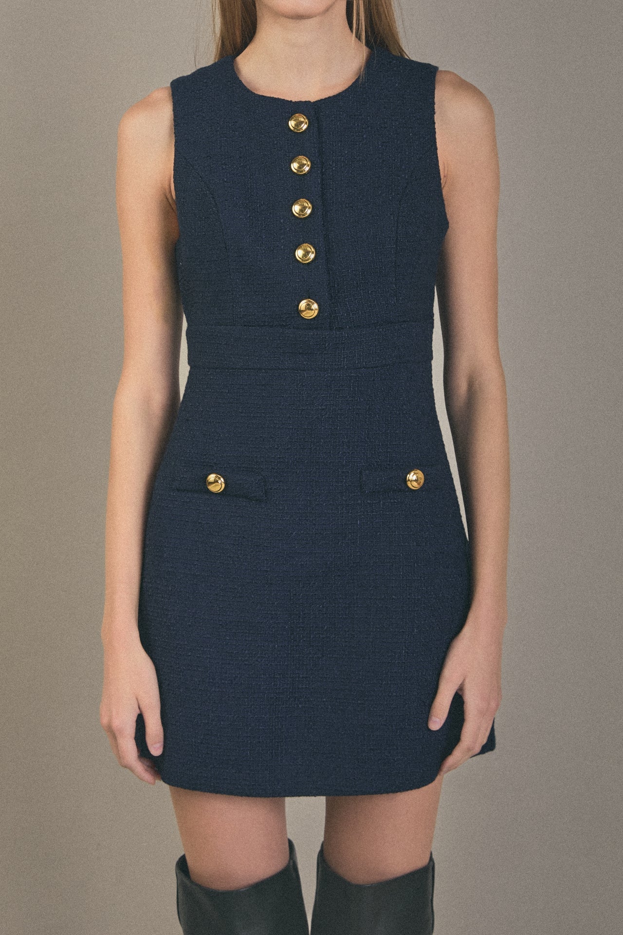 ENGLISH FACTORY - Gold Button Pointed Tweed Dress - DRESSES available at Objectrare