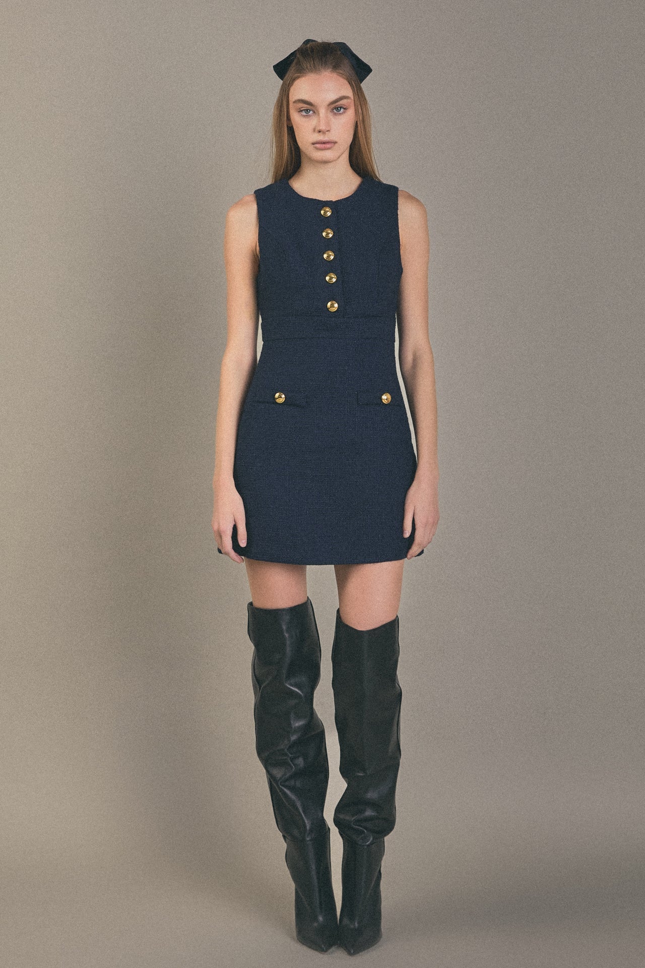ENGLISH FACTORY - Gold Button Pointed Tweed Dress - DRESSES available at Objectrare