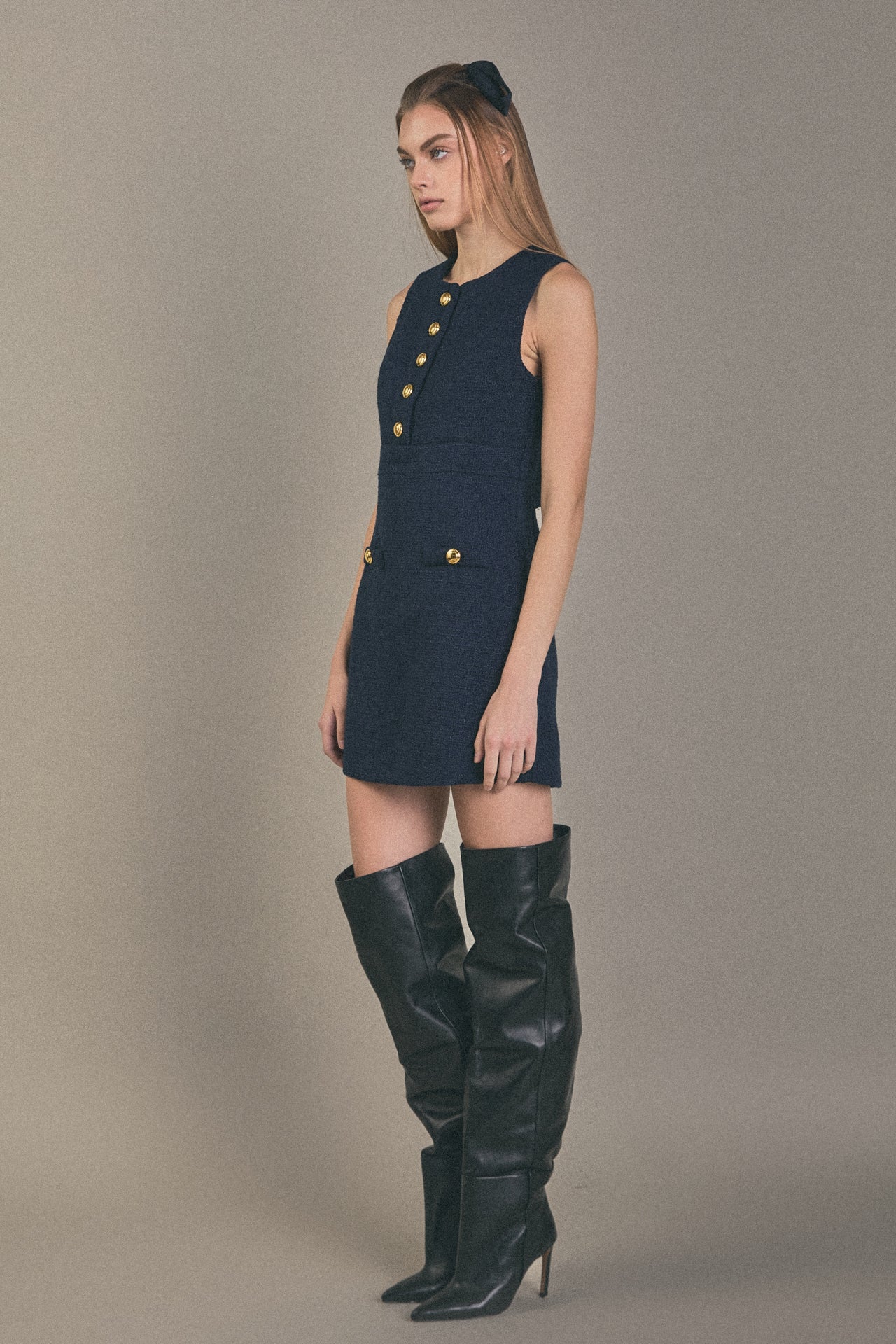 ENGLISH FACTORY - Gold Button Pointed Tweed Dress - DRESSES available at Objectrare