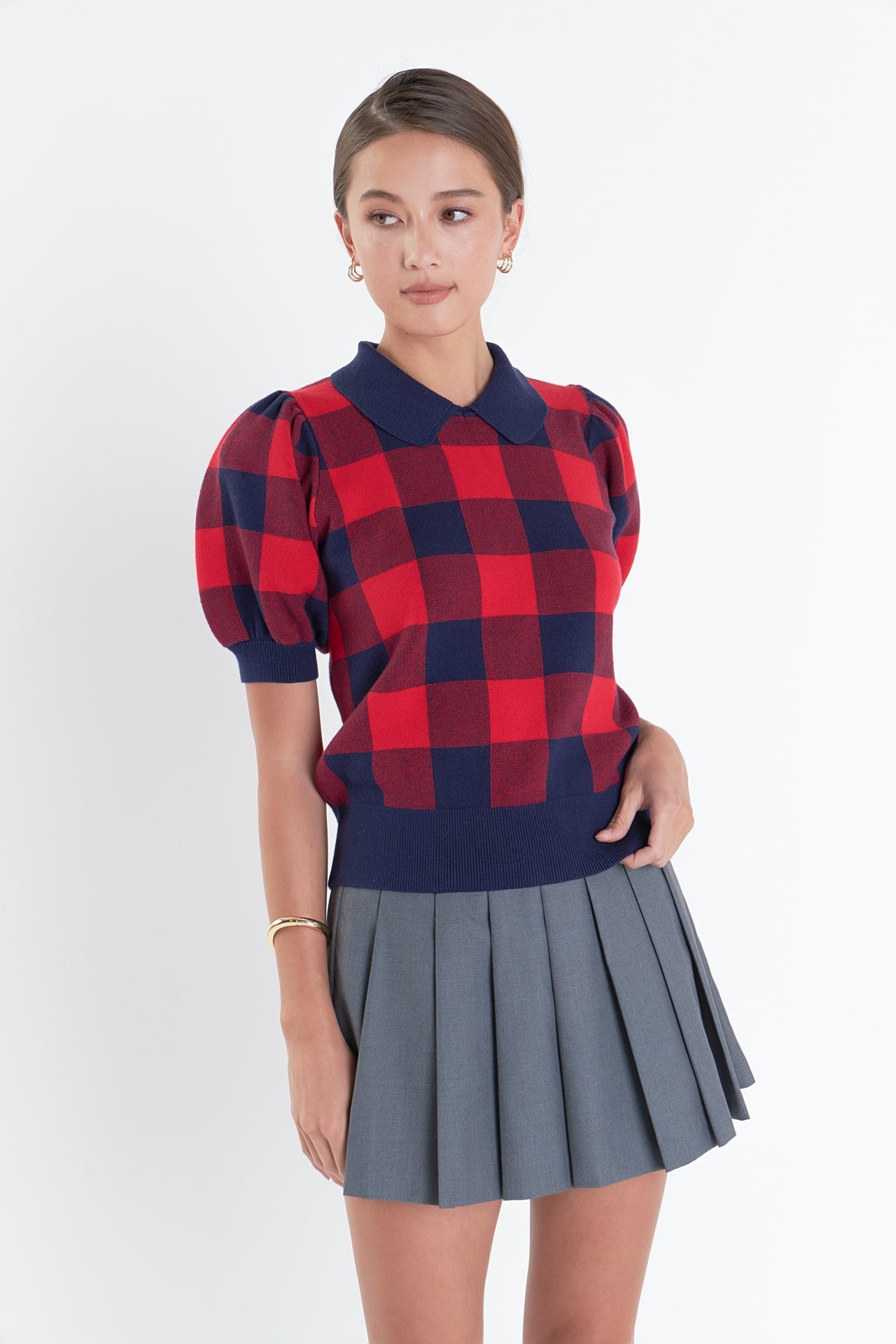 ENGLISH FACTORY - Gingham Collar Knit Top - TOPS available at Objectrare