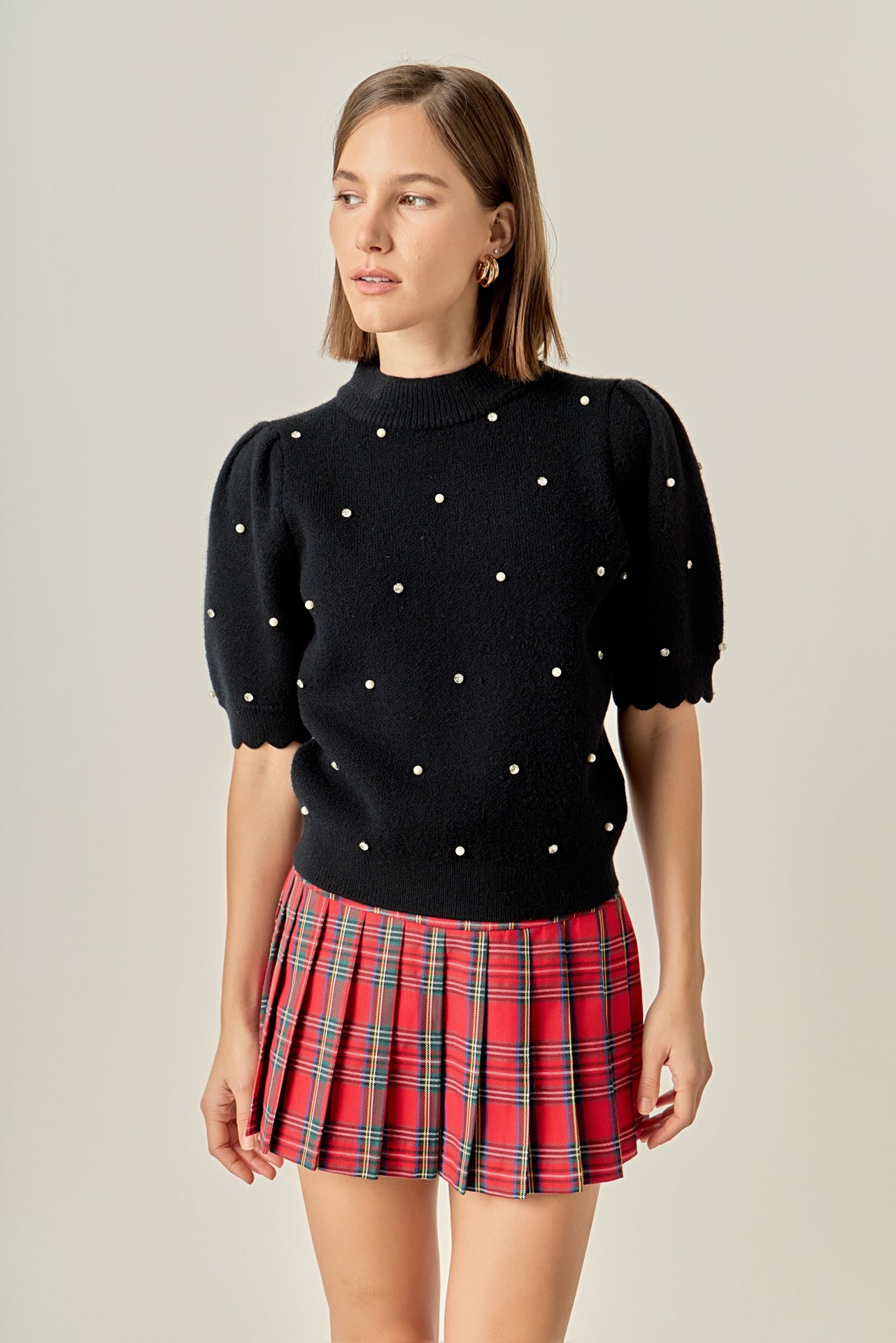 ENGLISH FACTORY - Scalloped Puff Sleeve Embellishment Knit - SWEATERS & KNITS available at Objectrare