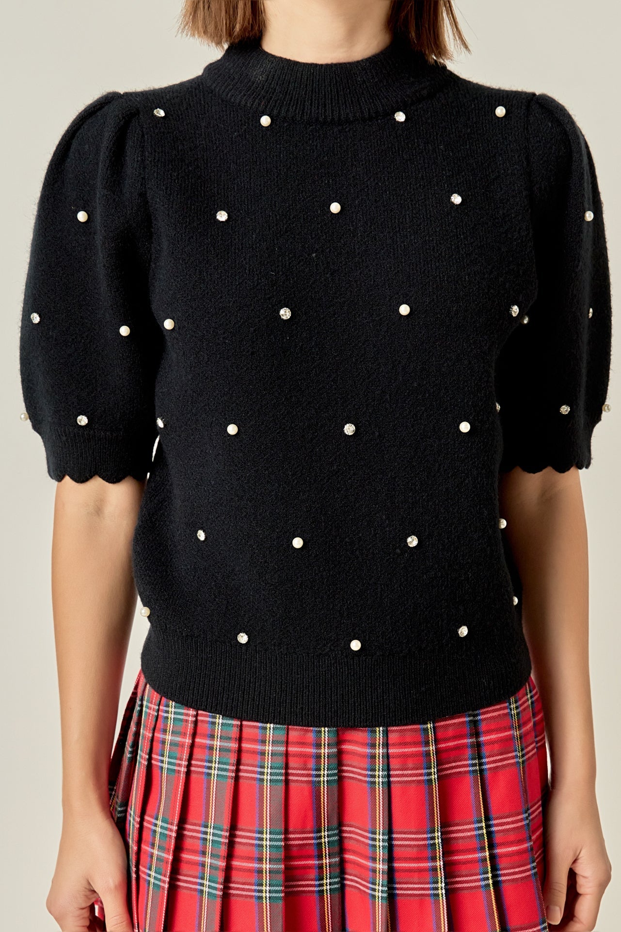 ENGLISH FACTORY - Scalloped Puff Sleeve Embellishment Knit - SWEATERS & KNITS available at Objectrare