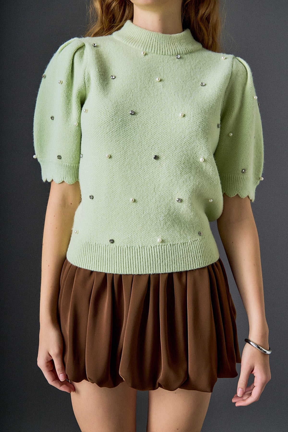 ENGLISH FACTORY - Scalloped Puff Sleeve Embellishment Knit - TOPS available at Objectrare