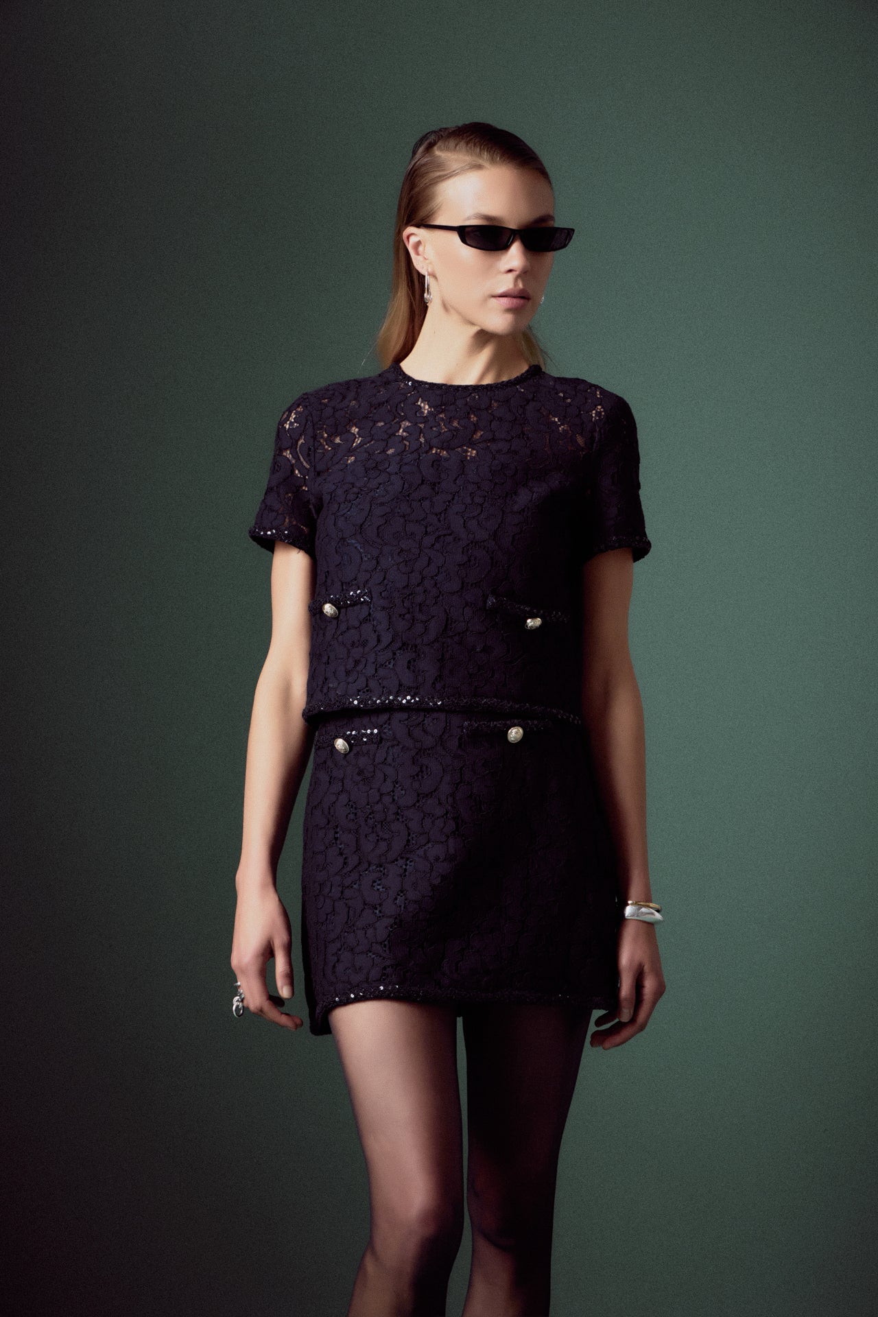 ENGLISH FACTORY - Lace Sequin Short Sleeve Top - TOPS available at Objectrare