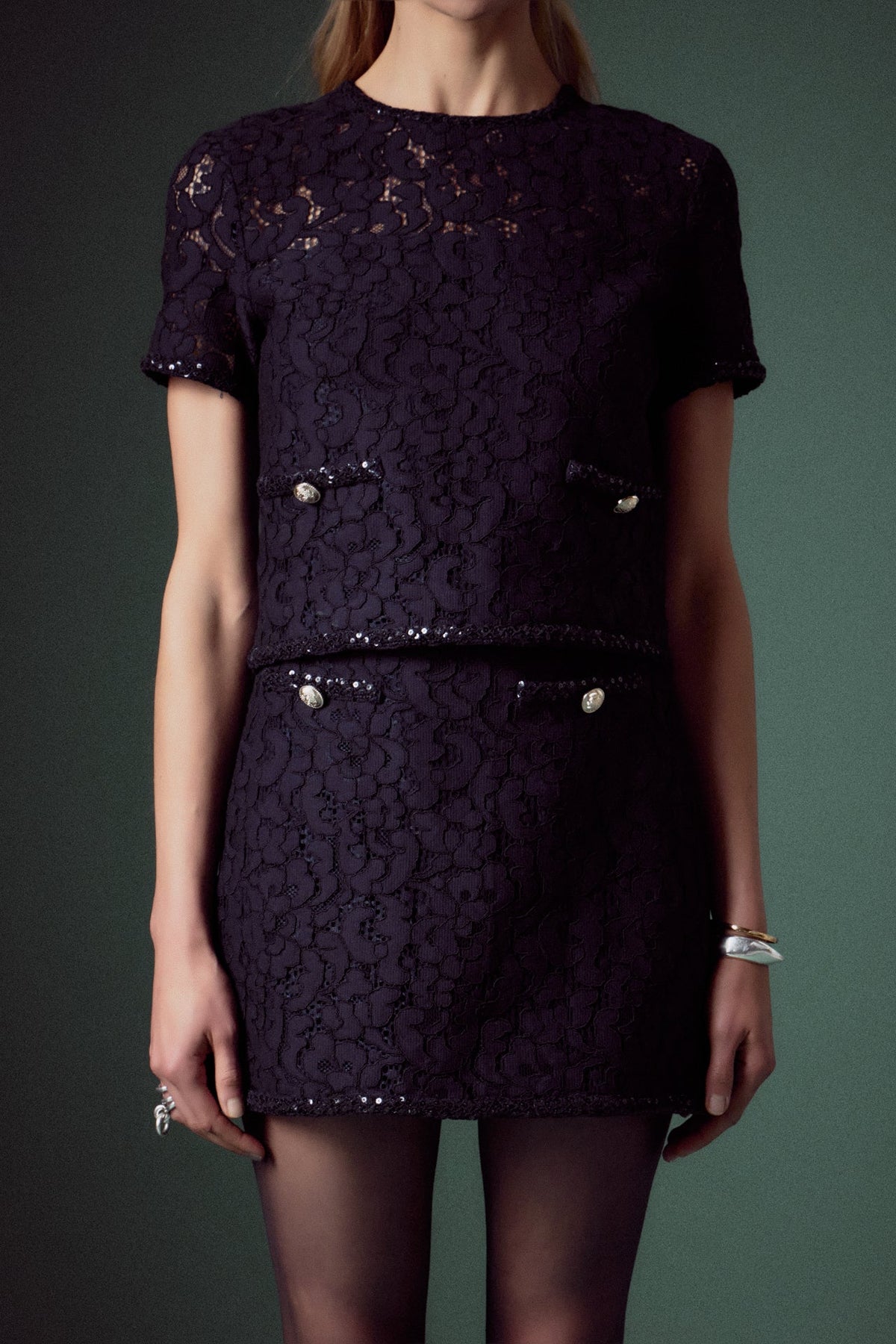 ENGLISH FACTORY - Lace Sequin Short Sleeve Top - TOPS available at Objectrare