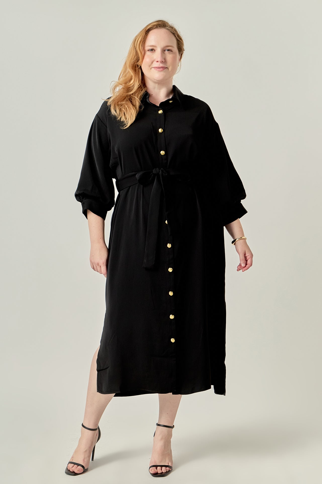 Gold Button Belted Shirt Dress
