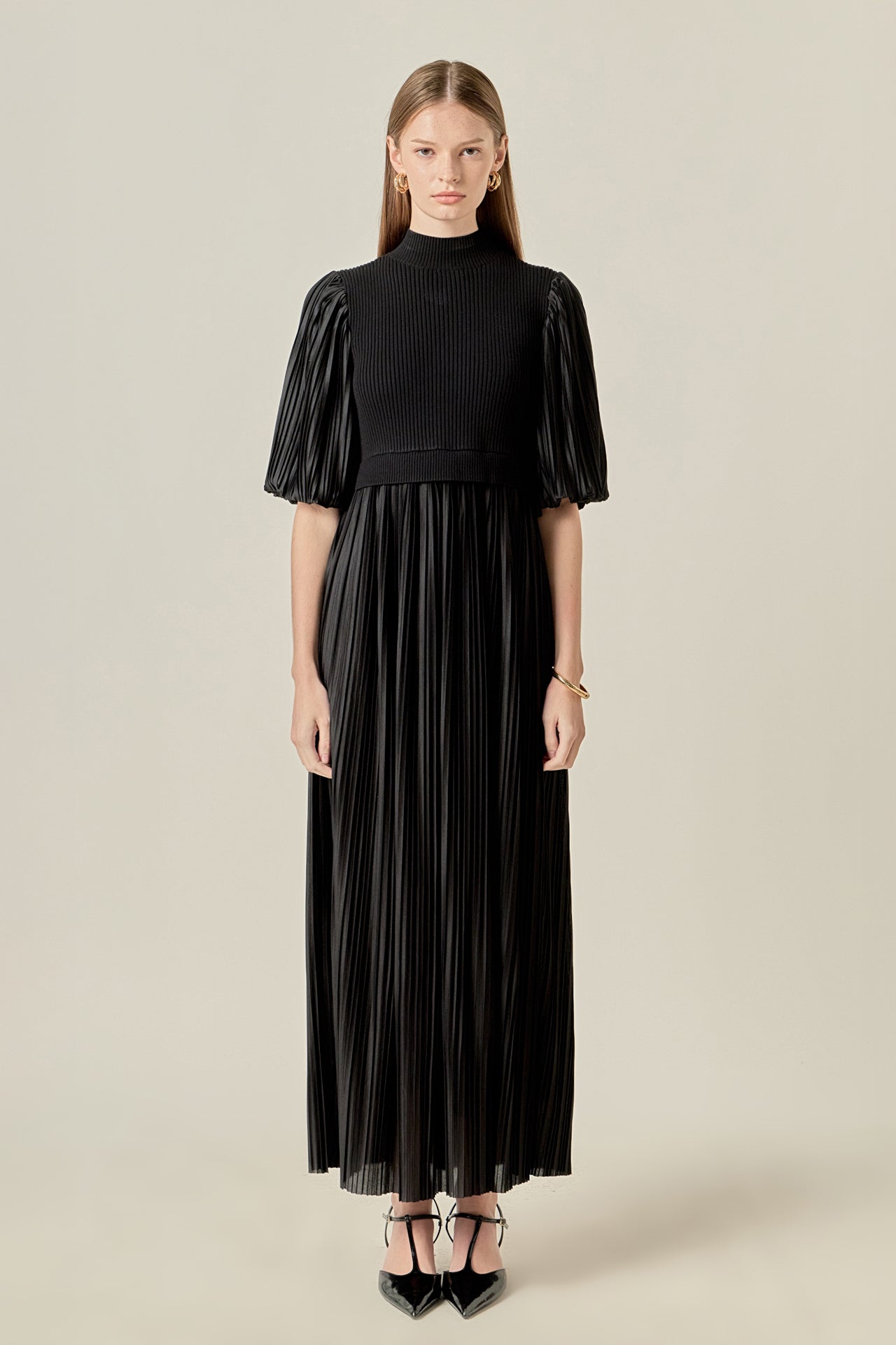 english factory maxi dress Pleated Mix Media Black / XS MIKUTA | The Dark swatch_darly-dress-white*white this dress will have Style:T9802