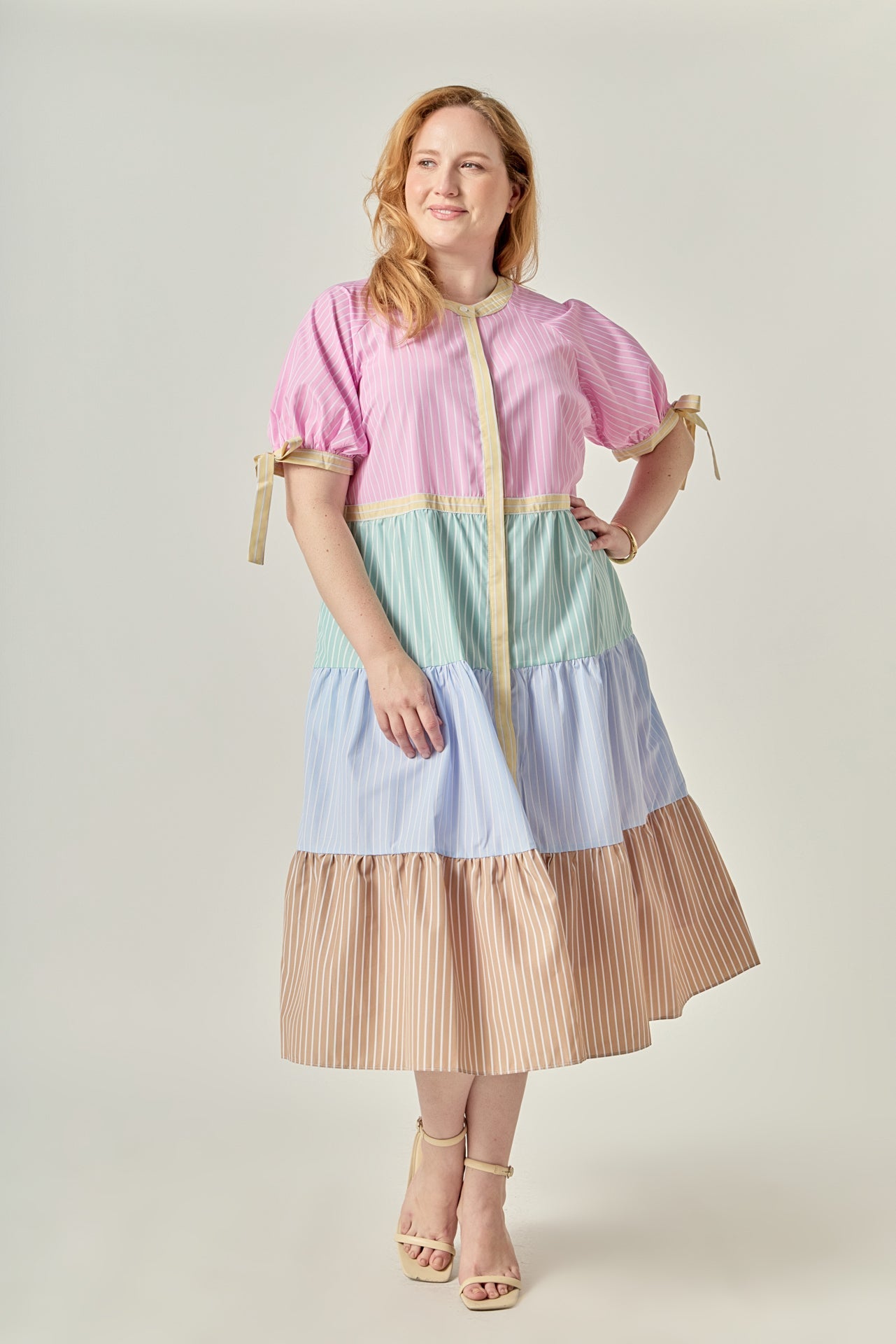 ENGLISH FACTORY - Multi-Stripe Colorblock Tiered Midi Dress - DRESSES available at Objectrare