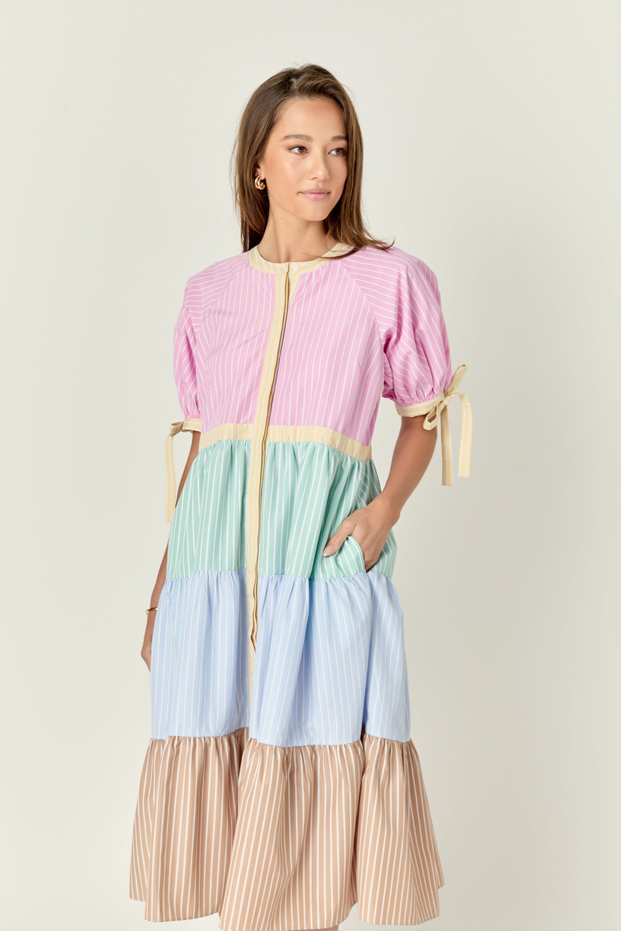 Colorblock Stripe Tiered Shirtdress in MULTI Colorblock Stripe Tiered Shirtdress in MULTI