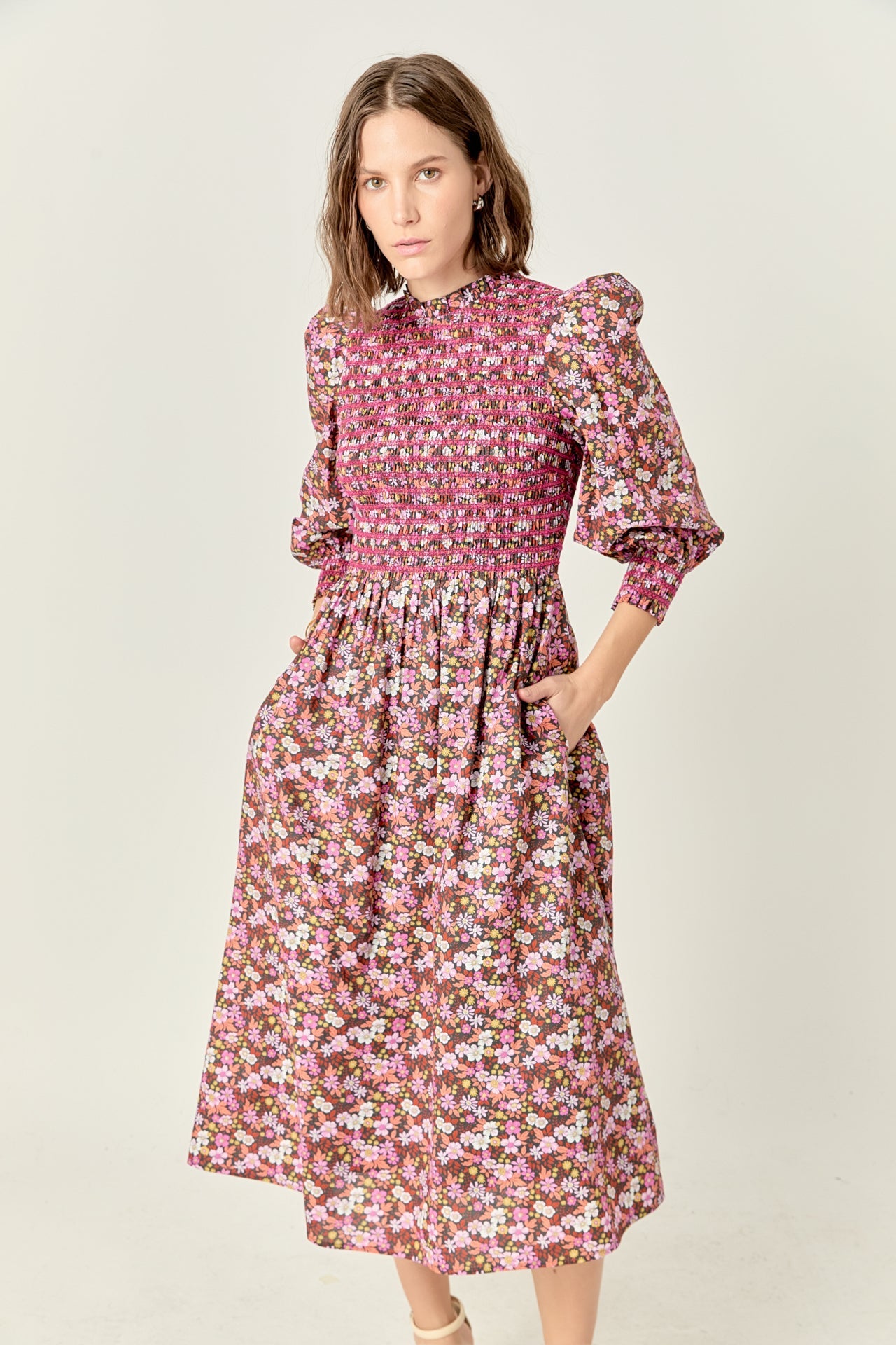 ENGLISH FACTORY - Smocked Floral Midi Dress - DRESSES available at Objectrare