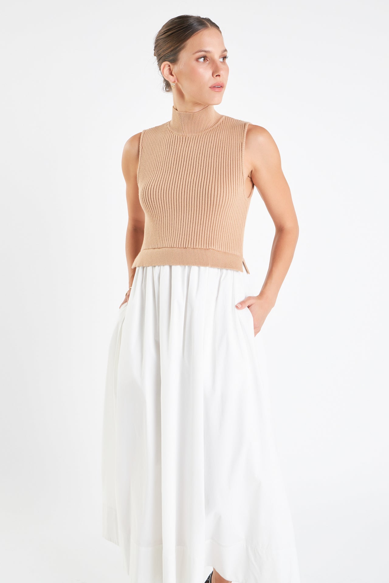 Mixed Media Turtle Neck Midi Dress