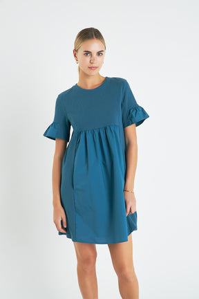 Mixed Media Short-Sleeve Mini Dress