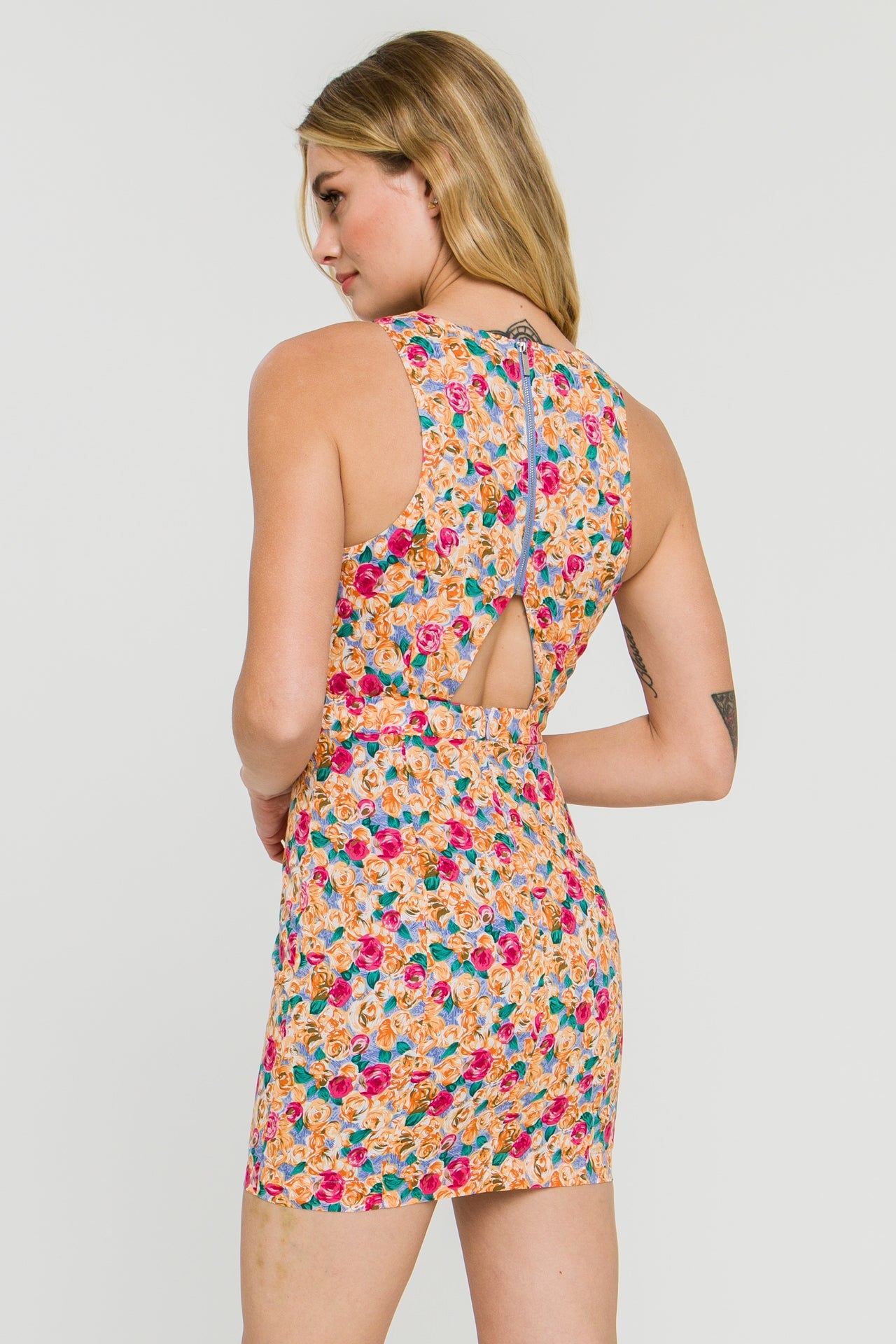 ENDLESS ROSE - Floral Fitted Mini Dress with Back Cutout - DRESSES available at Objectrare