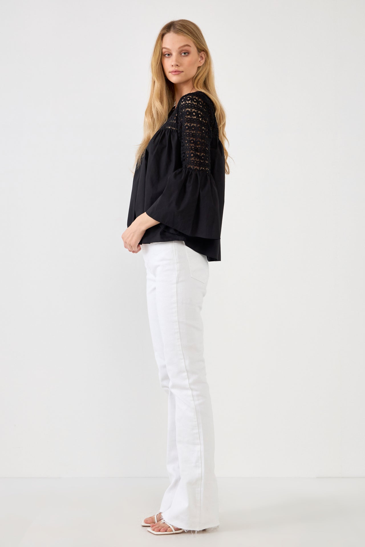 ENDLESS ROSE - Lace with Poplin Bell Sleeve Blouse - SHIRTS & BLOUSES available at Objectrare