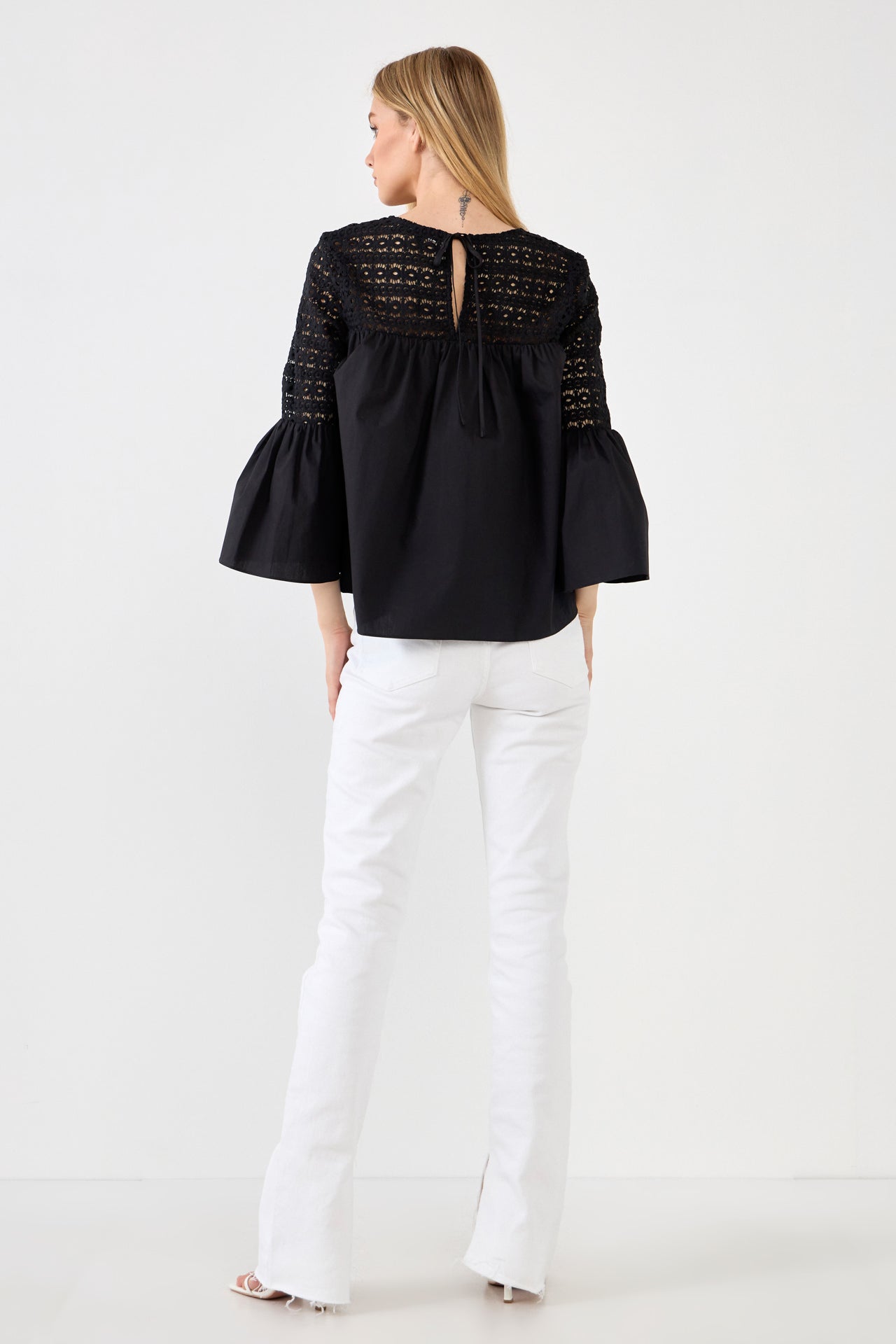 ENDLESS ROSE - Lace with Poplin Bell Sleeve Blouse - SHIRTS & BLOUSES available at Objectrare