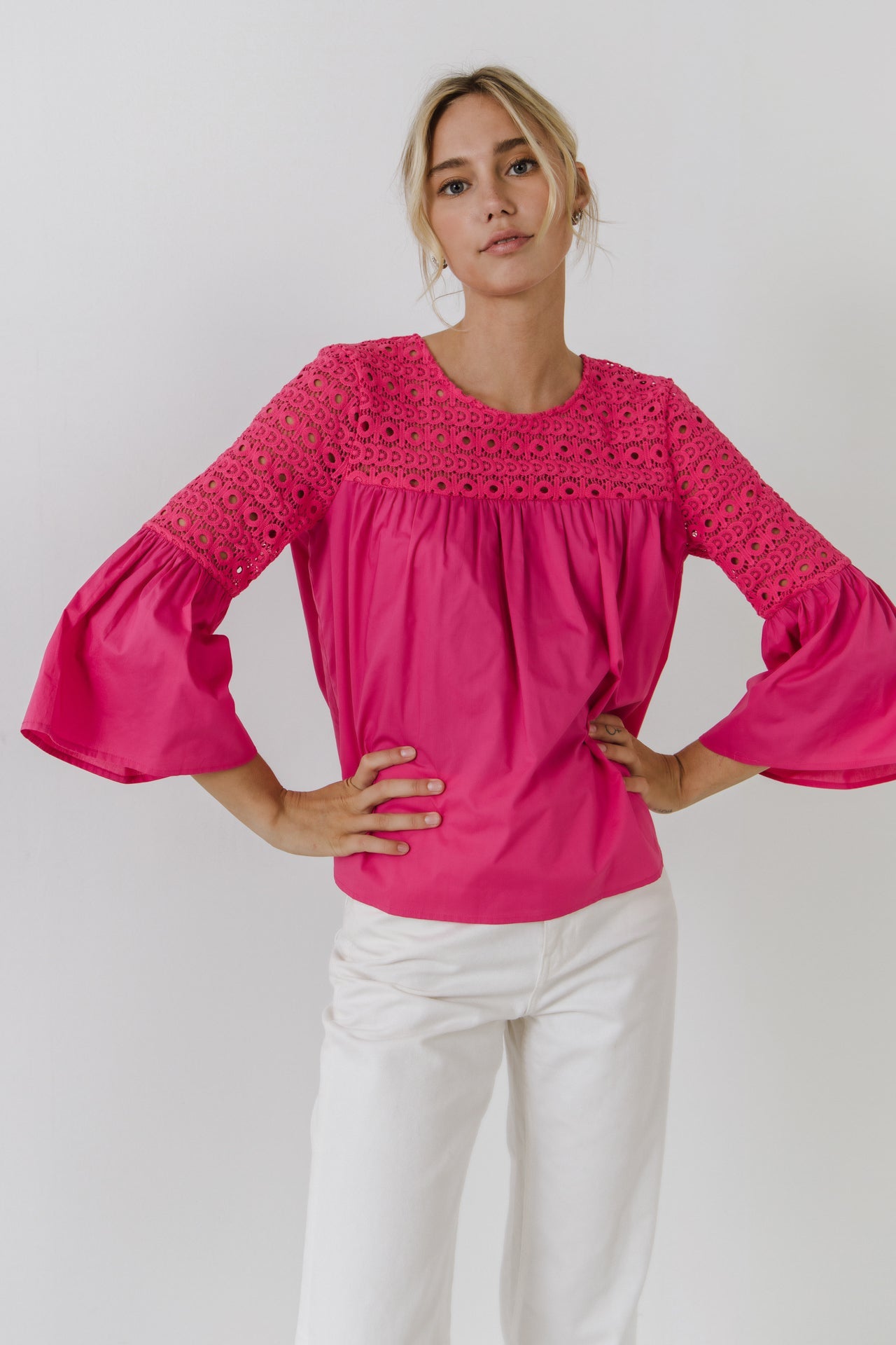 ENDLESS ROSE - Lace with Poplin Bell Sleeve Blouse - SHIRTS & BLOUSES available at Objectrare