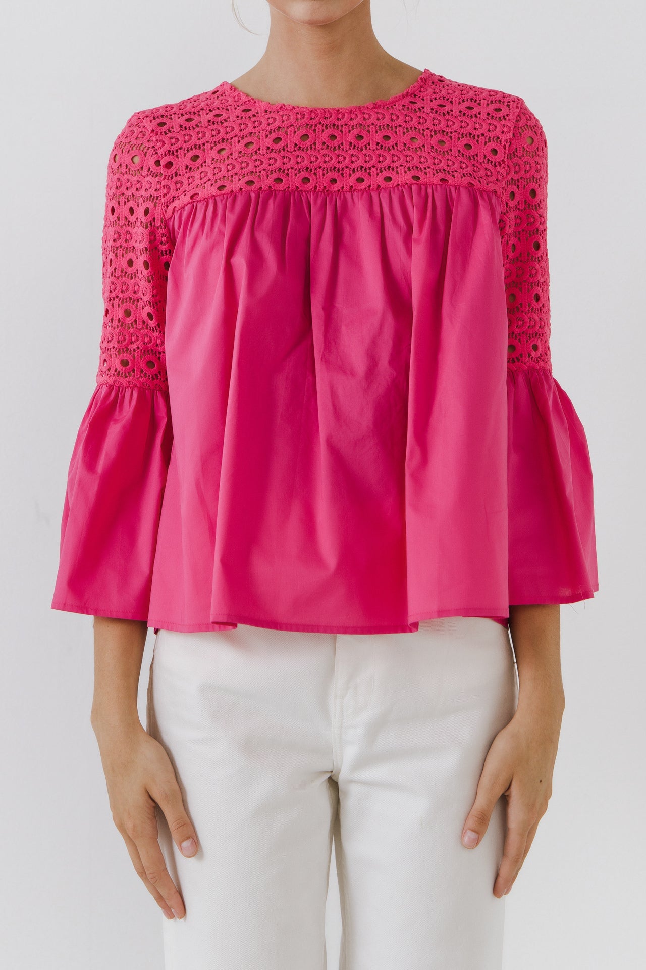 ENDLESS ROSE - Lace with Poplin Bell Sleeve Blouse - SHIRTS & BLOUSES available at Objectrare