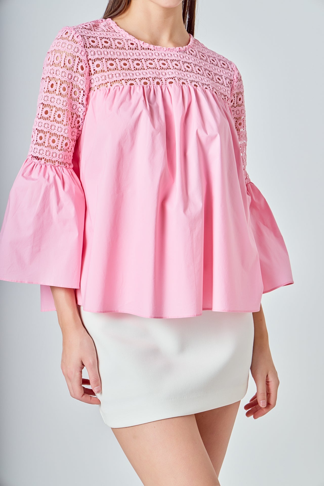 ENDLESS ROSE - Lace with Poplin Bell Sleeve Blouse - SHIRTS & BLOUSES available at Objectrare