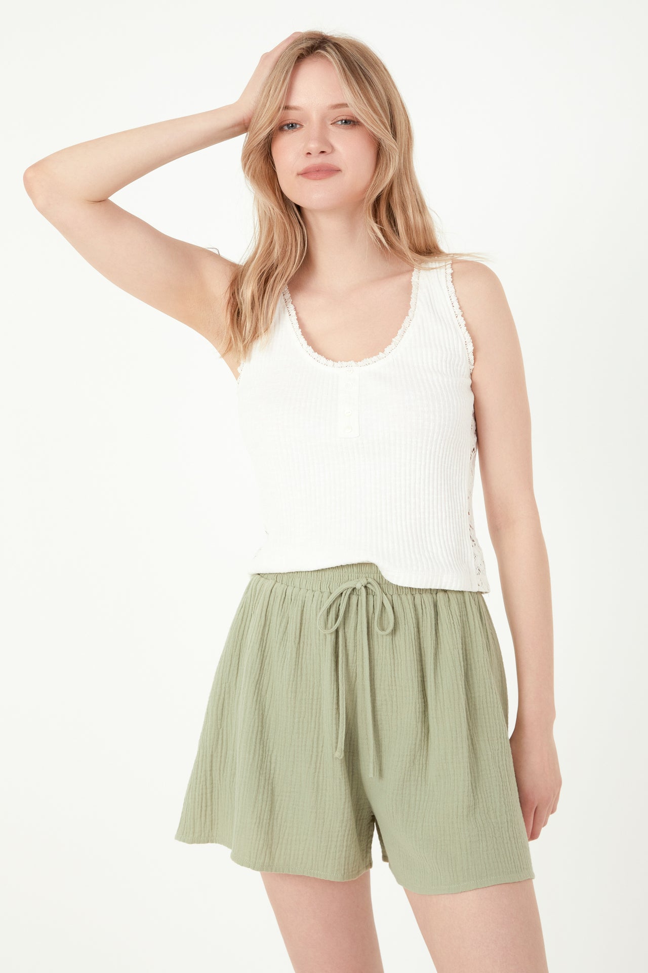 FREE THE ROSES - Henley Lace Trim Neck Top - TOPS available at Objectrare