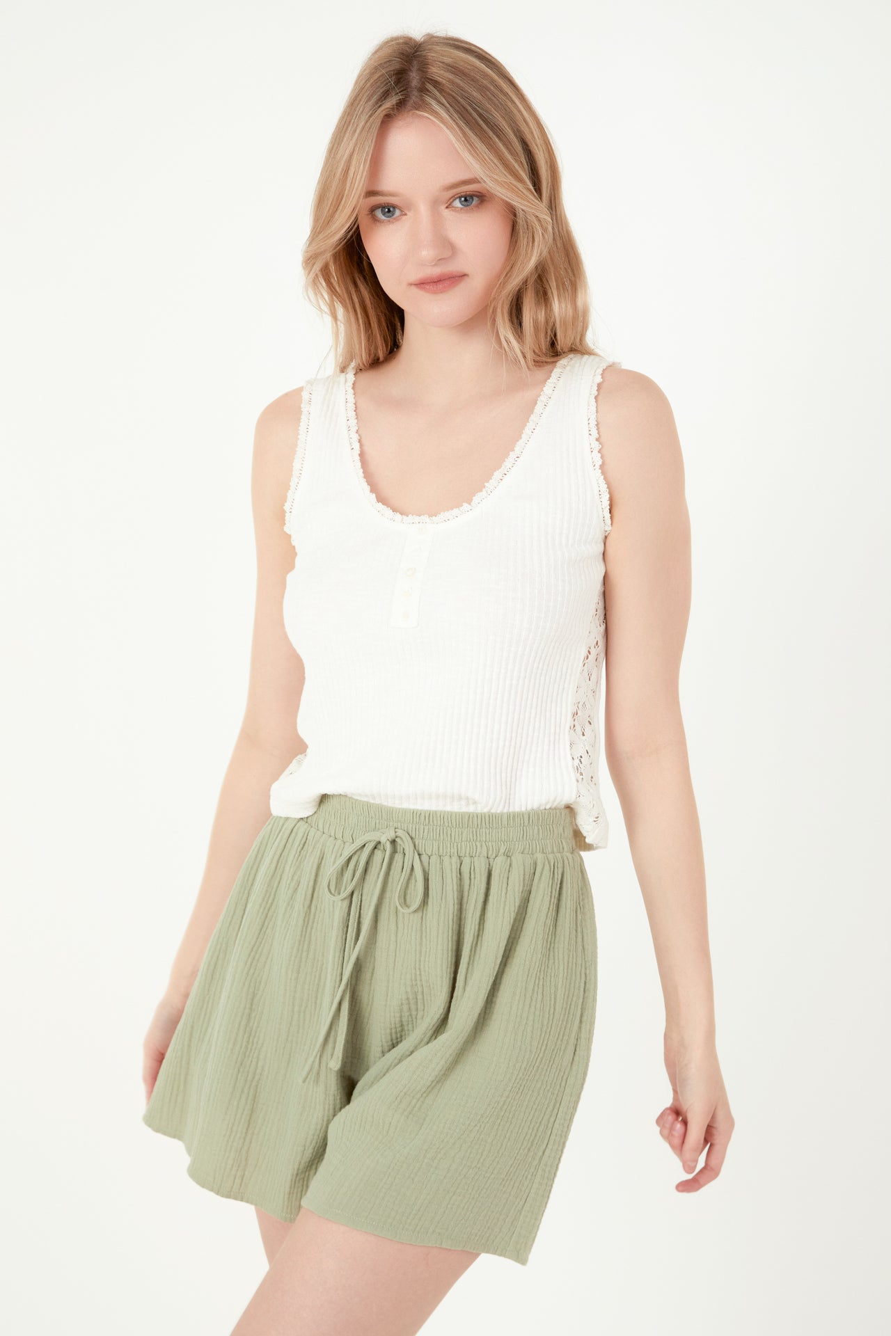 FREE THE ROSES - Henley Lace Trim Neck Top - TOPS available at Objectrare