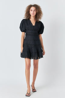 ENDLESS ROSE - Plunging Lace Trim Dress with Puff Sleeve - DRESSES available at Objectrare