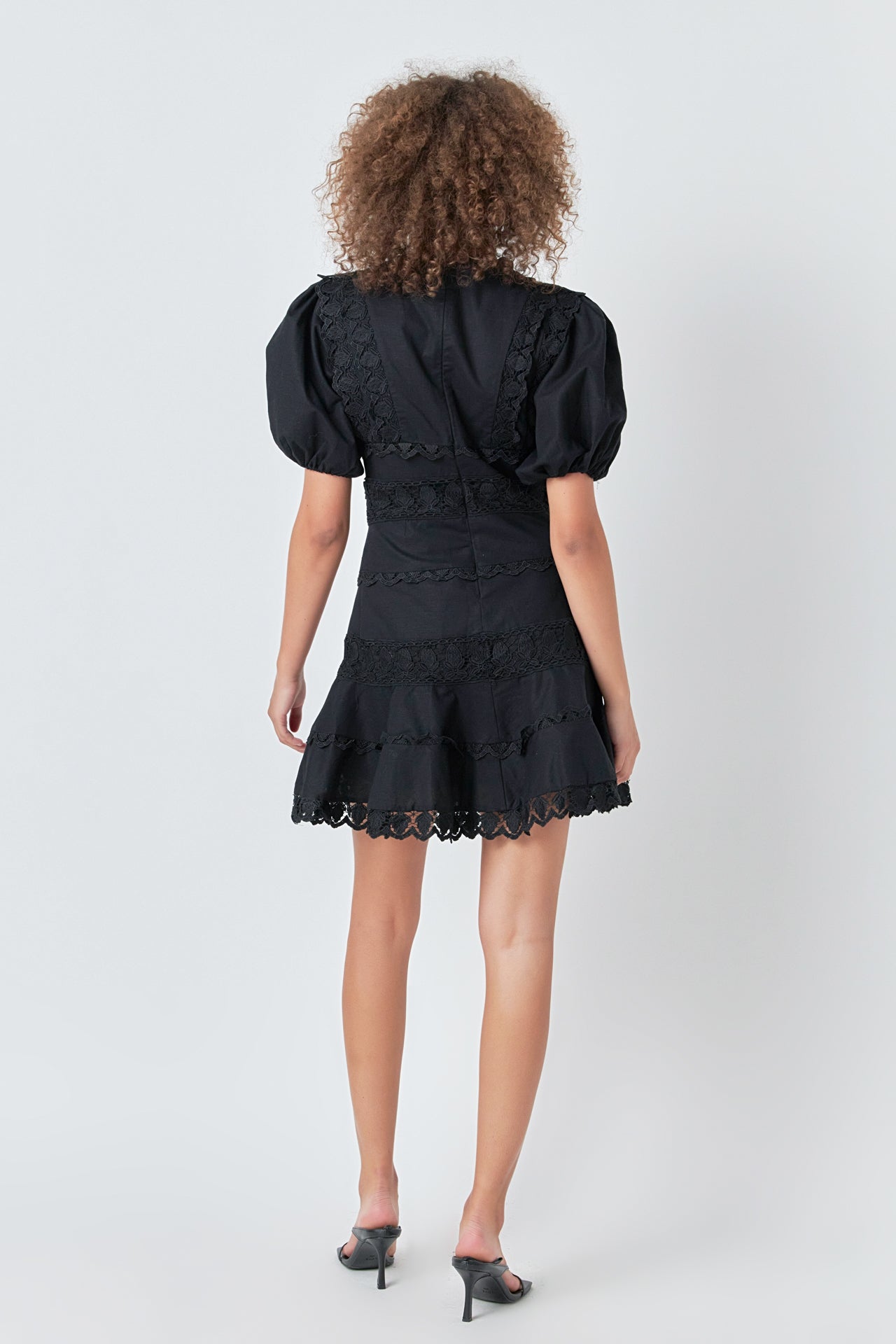ENDLESS ROSE - Plunging Lace Trim Dress with Puff Sleeve - DRESSES available at Objectrare