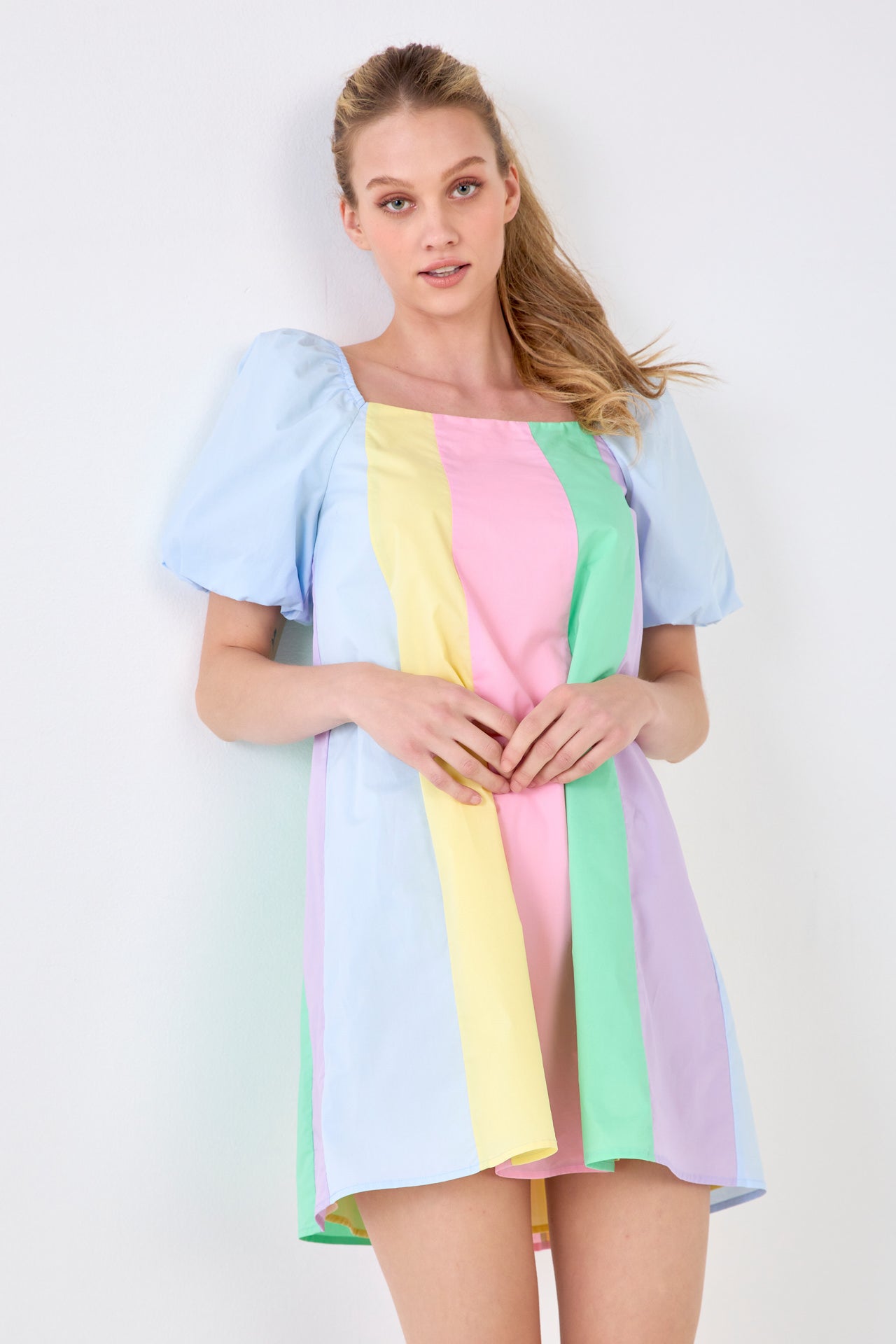 ENGLISH FACTORY - Color Blocked Mini Dress with Puff Sleeves - DRESSES available at Objectrare