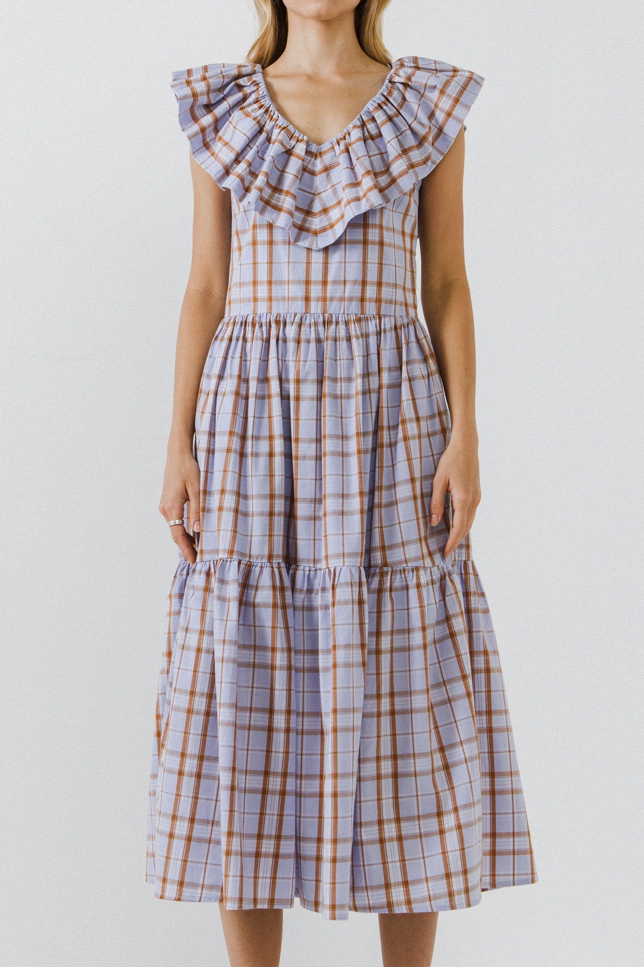 ENGLISH FACTORY - Plaid Midi Dress With Ruffle Neckline - DRESSES available at Objectrare