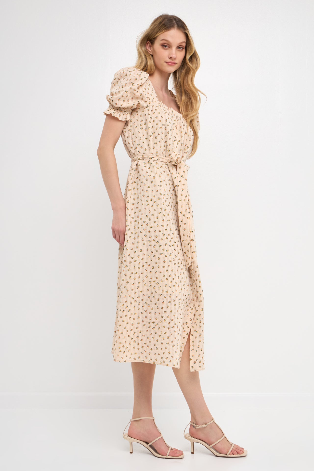 FREE THE ROSES - Floral Midi Dress with Short Puff Sleeves - DRESSES available at Objectrare