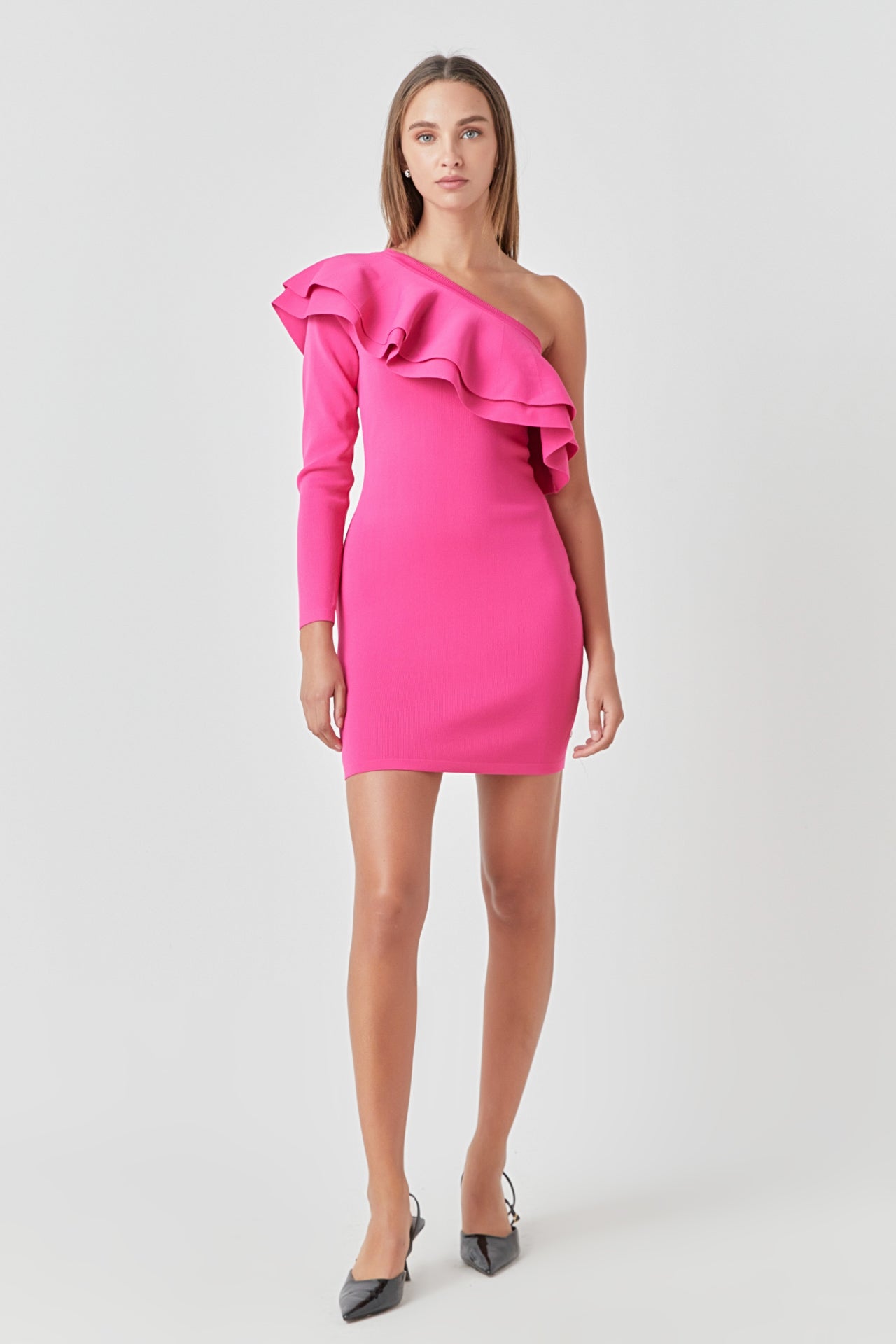 one shoulder ruffle mini dress Endless Rose blush pink prom gown CLOSEOUT Christmas Holiday Dog Find the mini dress Size:17.5 - 34/35