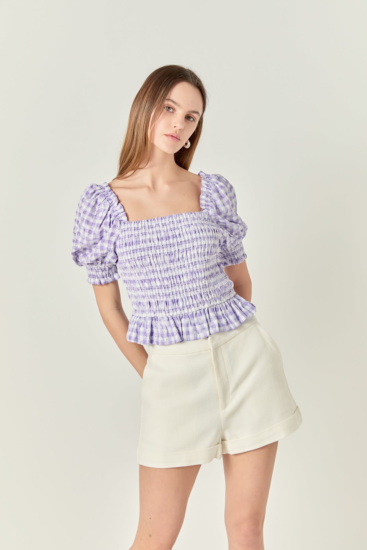 ENGLISH FACTORY - Women's Woven Square Neck Gingham Blouse - TOPS available at Objectrare