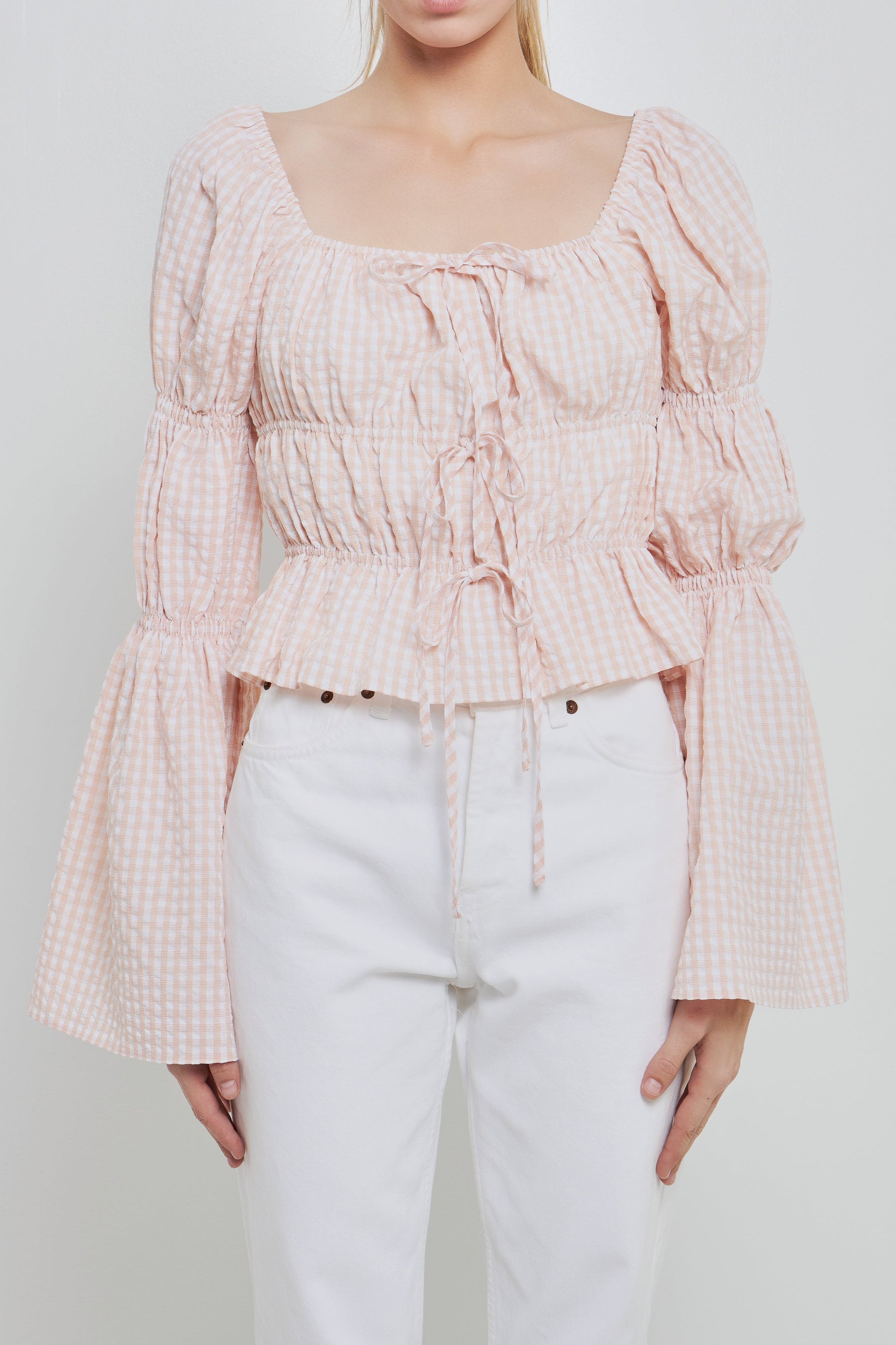 ENGLISH FACTORY - Tie Detailed Shirring Top with Long Sleeves - TOPS available at Objectrare