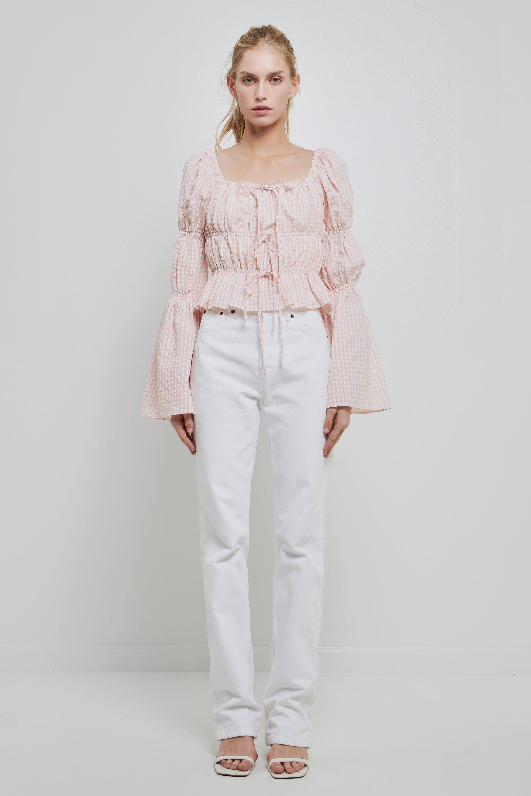 ENGLISH FACTORY - Tie Detailed Shirring Top with Long Sleeves - TOPS available at Objectrare