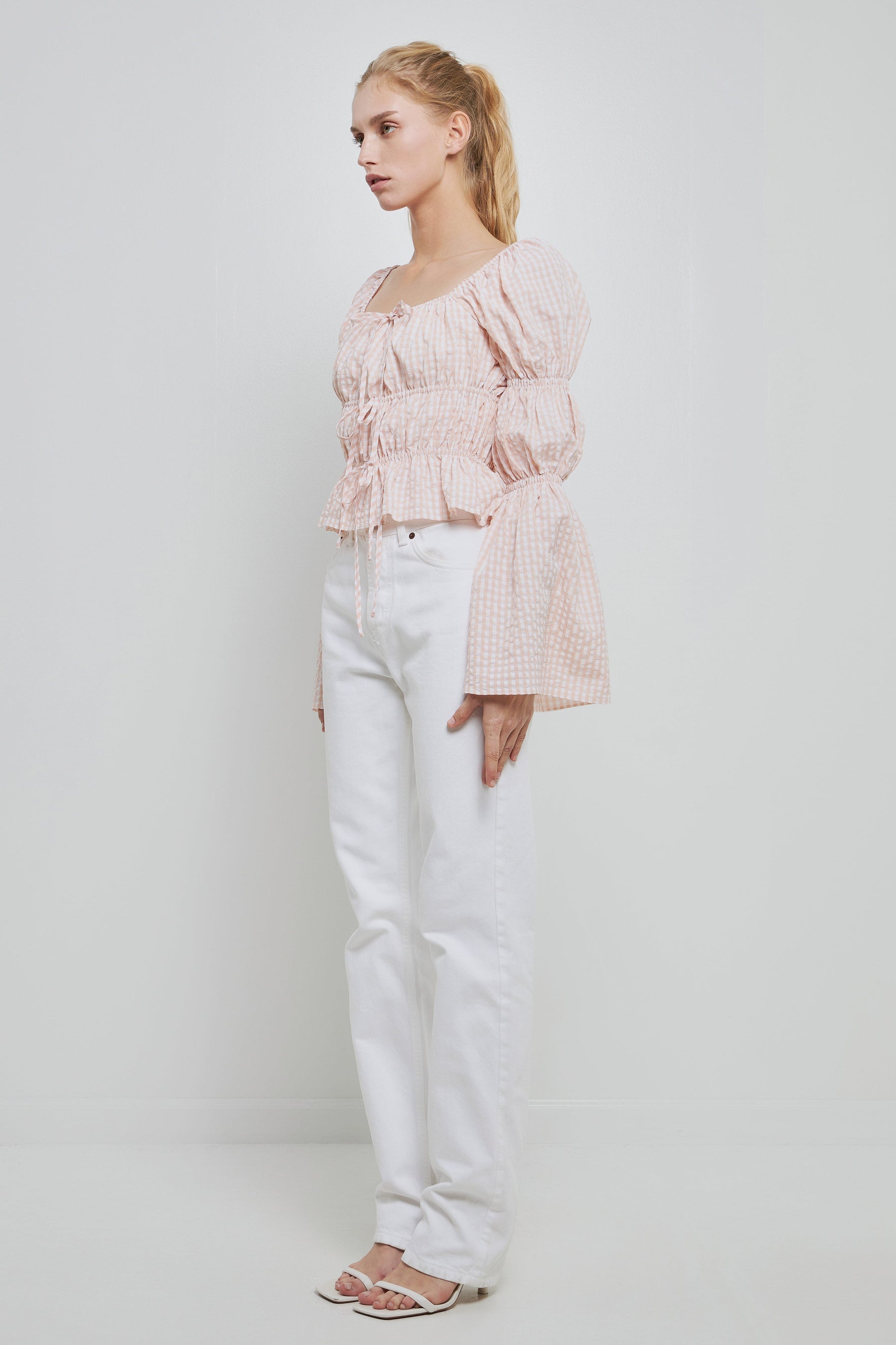 ENGLISH FACTORY - Tie Detailed Shirring Top with Long Sleeves - TOPS available at Objectrare