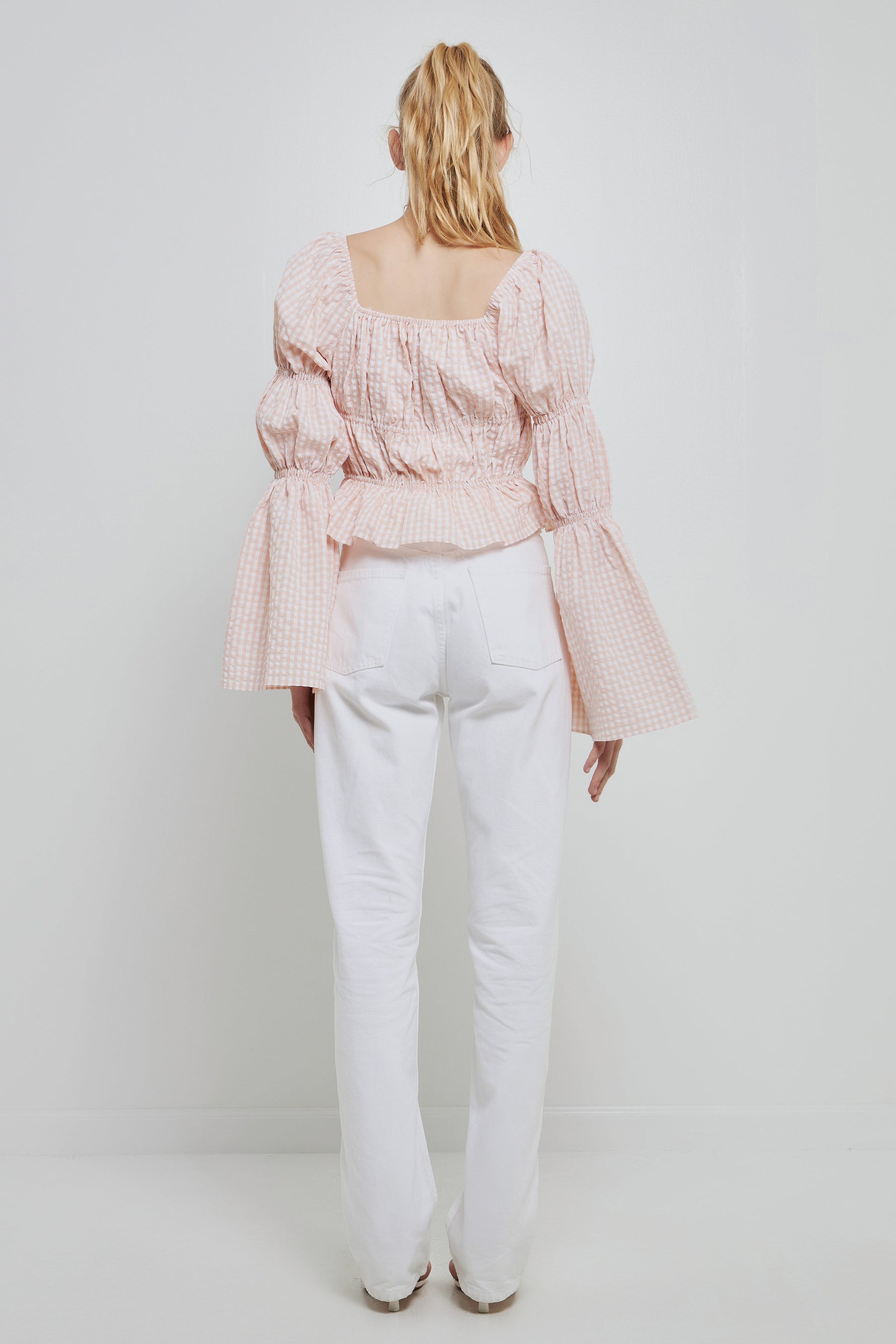 ENGLISH FACTORY - Tie Detailed Shirring Top with Long Sleeves - TOPS available at Objectrare