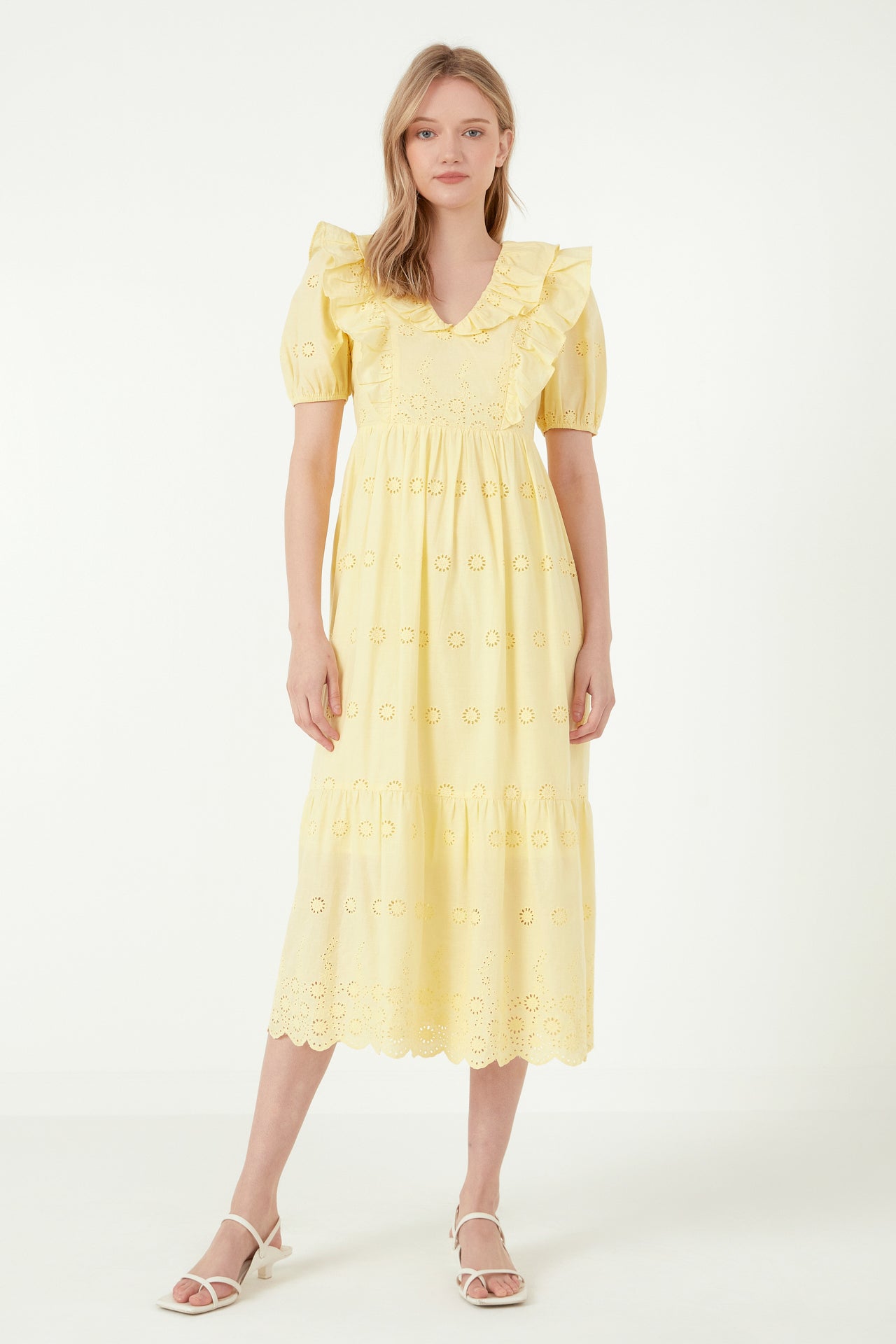 Free The Roses - Eyelet Embroidered Midi Dress YELLOW / L Free The Roses - Eyelet Embroidered Midi Dress YELLOW / L
