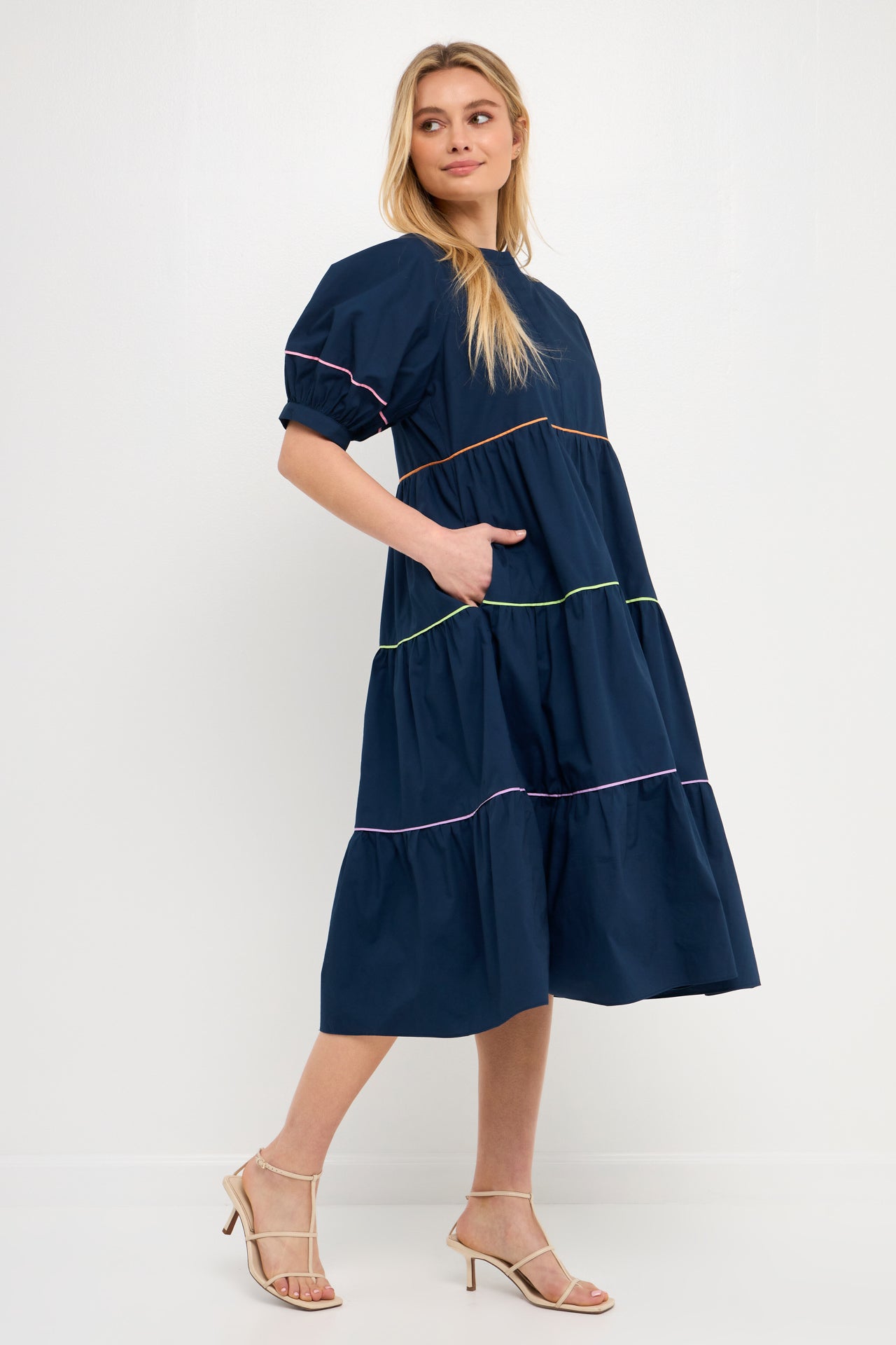 ENGLISH FACTORY - Short Puff Sleeve Dress Piping Detail - DRESSES available at Objectrare