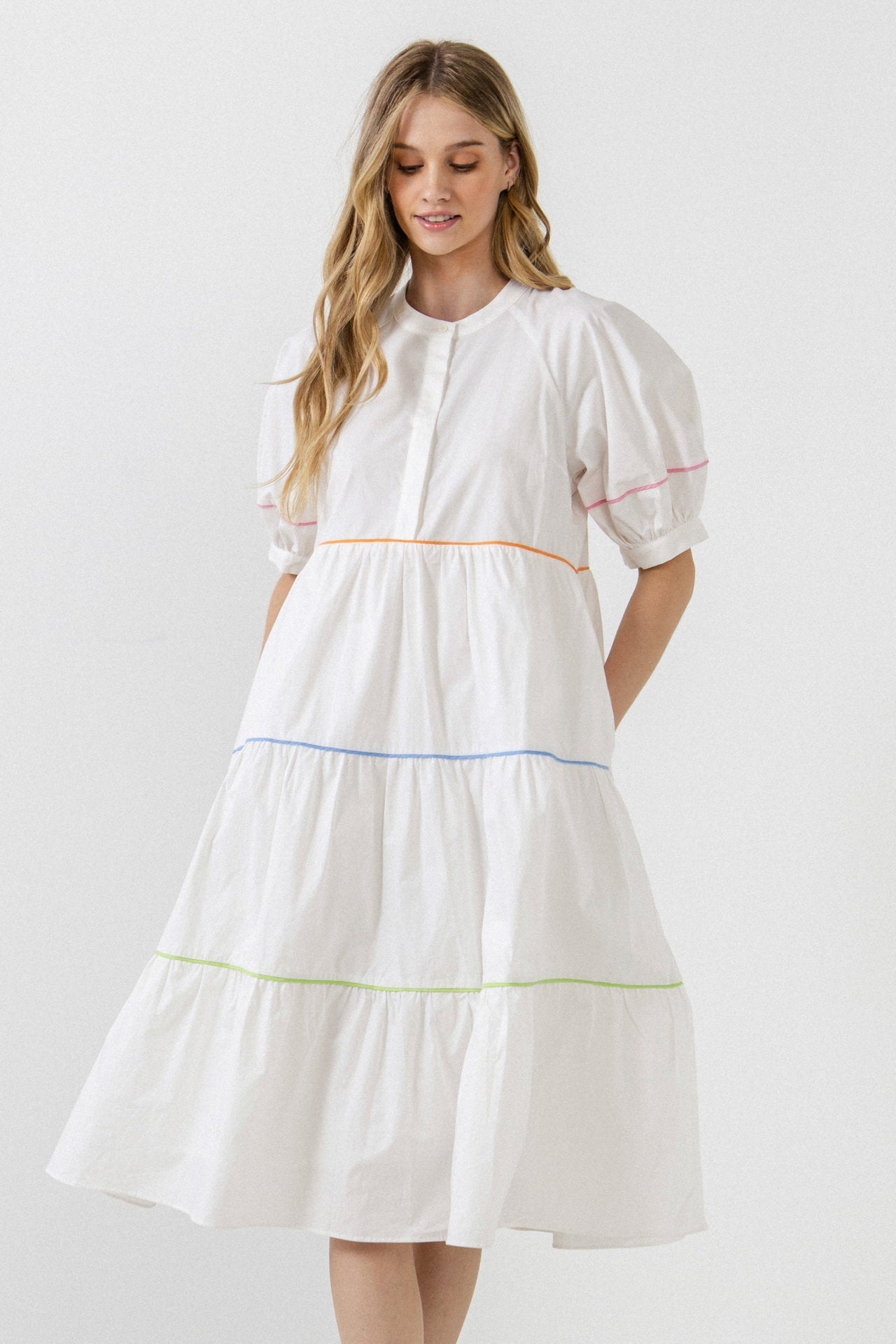 ENGLISH FACTORY - Short Puff Sleeve Dress Piping Detail - DRESSES available at Objectrare