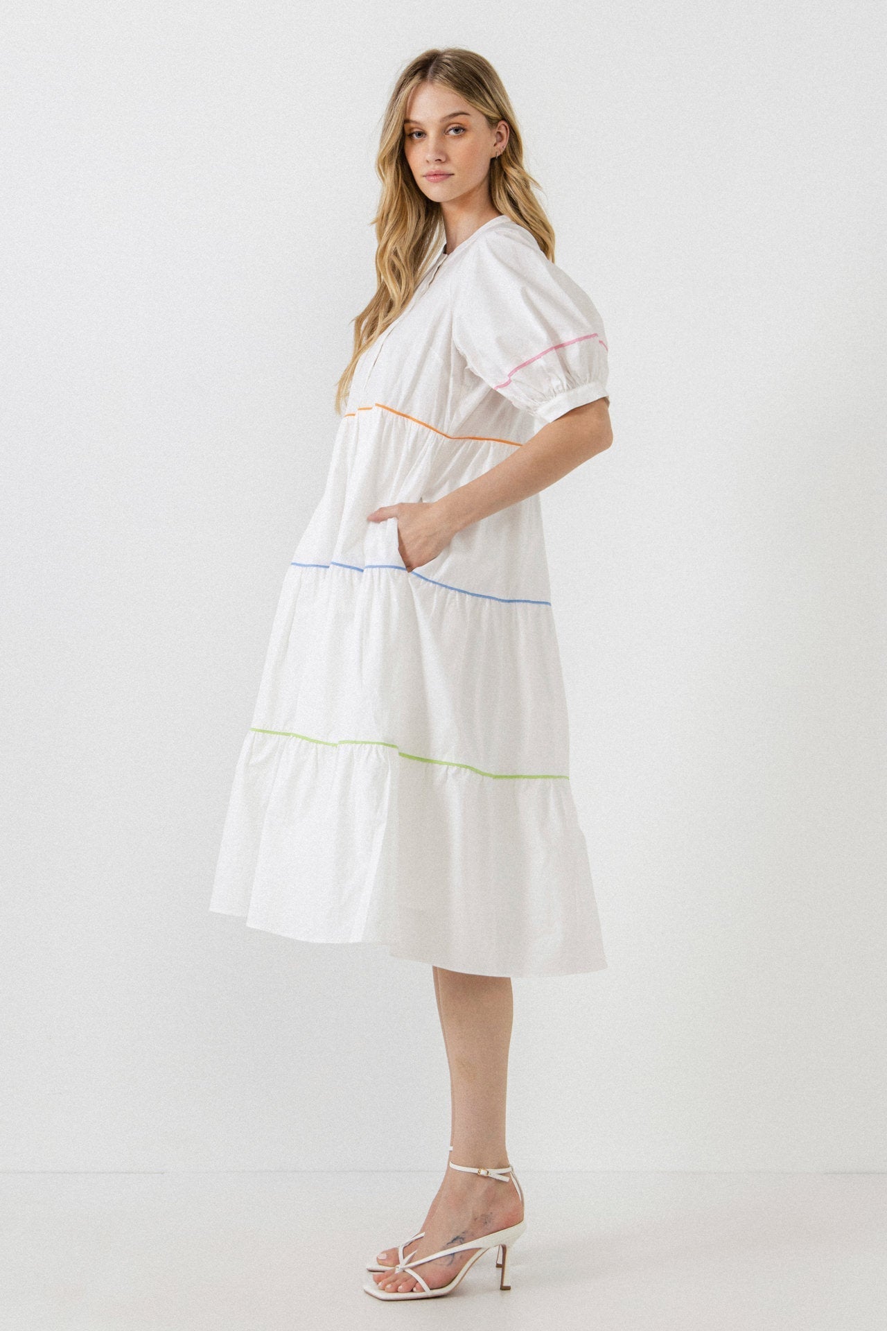 Short Puff Sleeve Dress Piping Detail