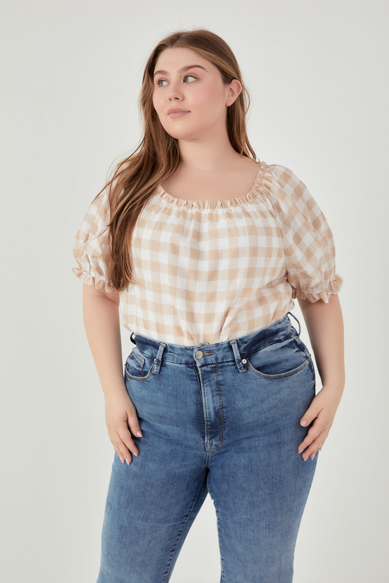 ENGLISH FACTORY - Plus Size Gingham Top with Short Puff Sleeves - TOPS available at Objectrare