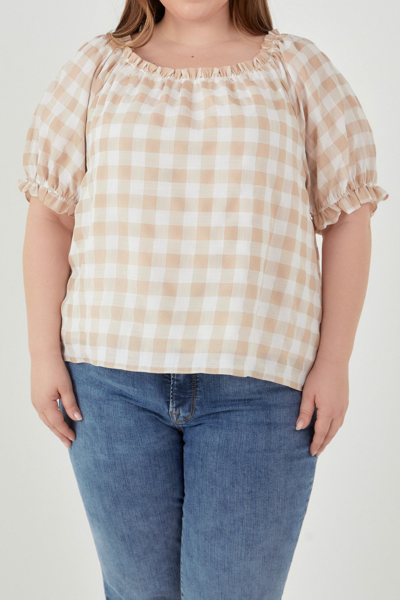 ENGLISH FACTORY - Plus Size Gingham Top with Short Puff Sleeves - TOPS available at Objectrare