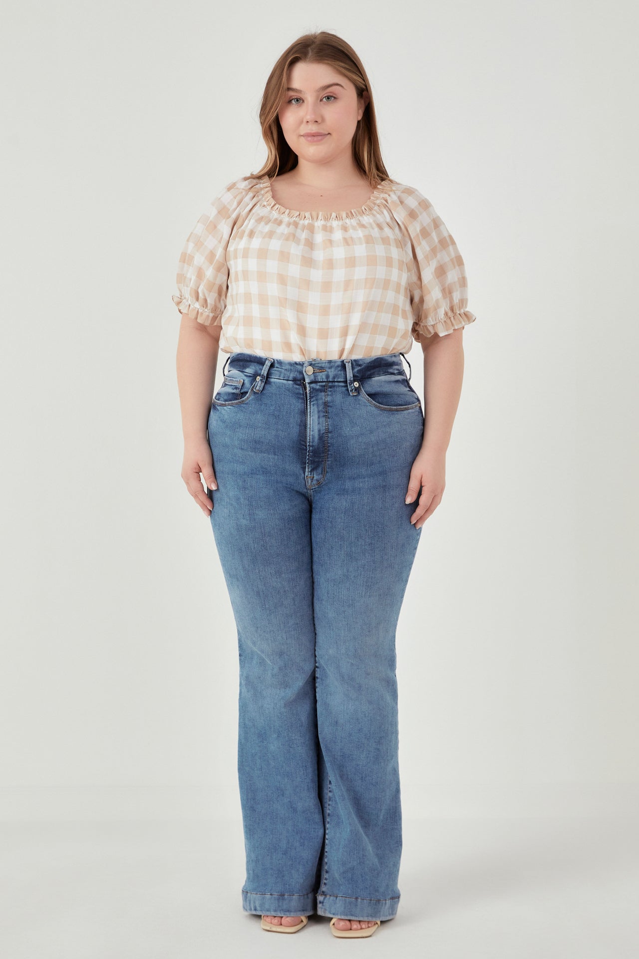 ENGLISH FACTORY - Plus Size Gingham Top with Short Puff Sleeves - TOPS available at Objectrare
