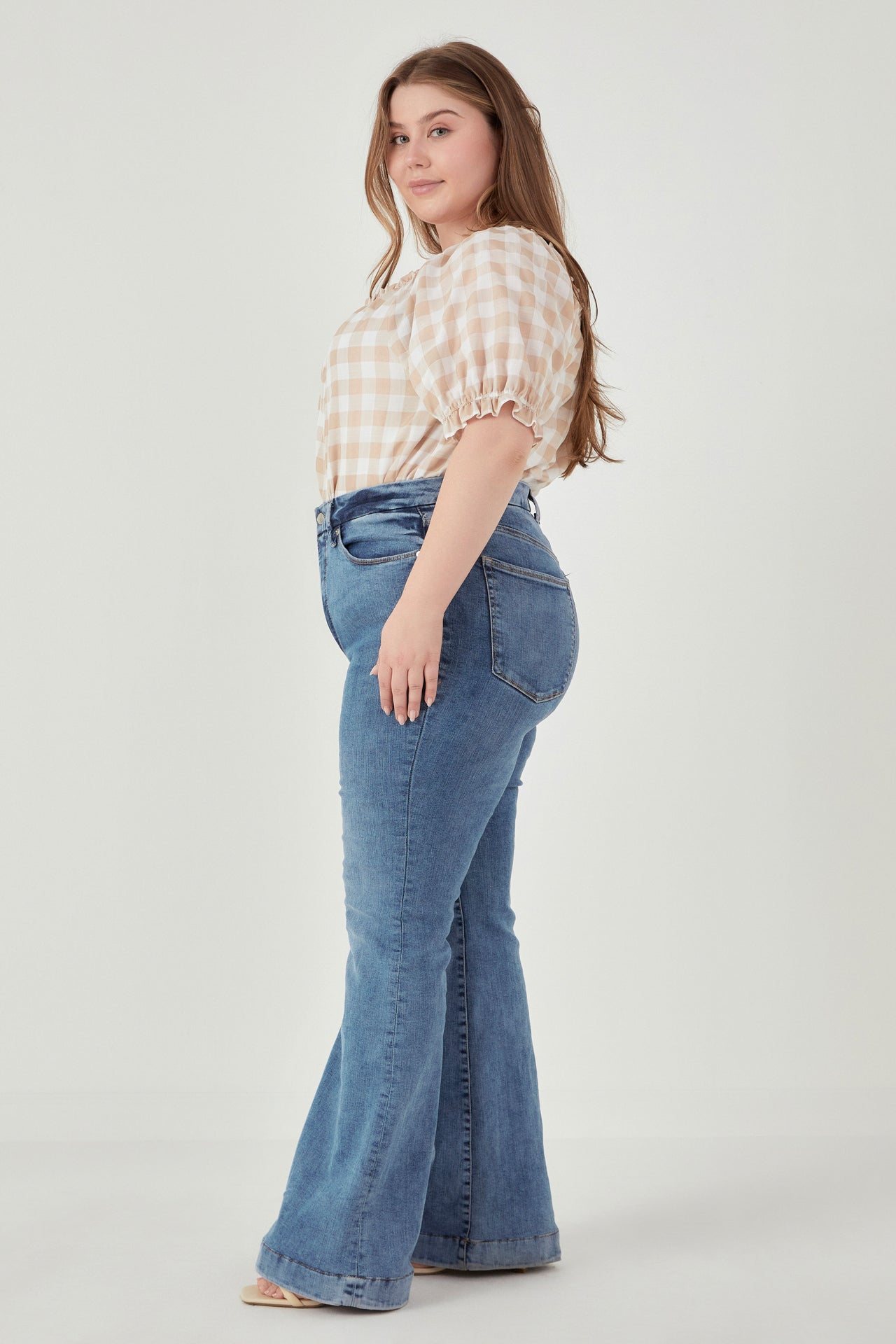 ENGLISH FACTORY - Plus Size Gingham Top with Short Puff Sleeves - TOPS available at Objectrare