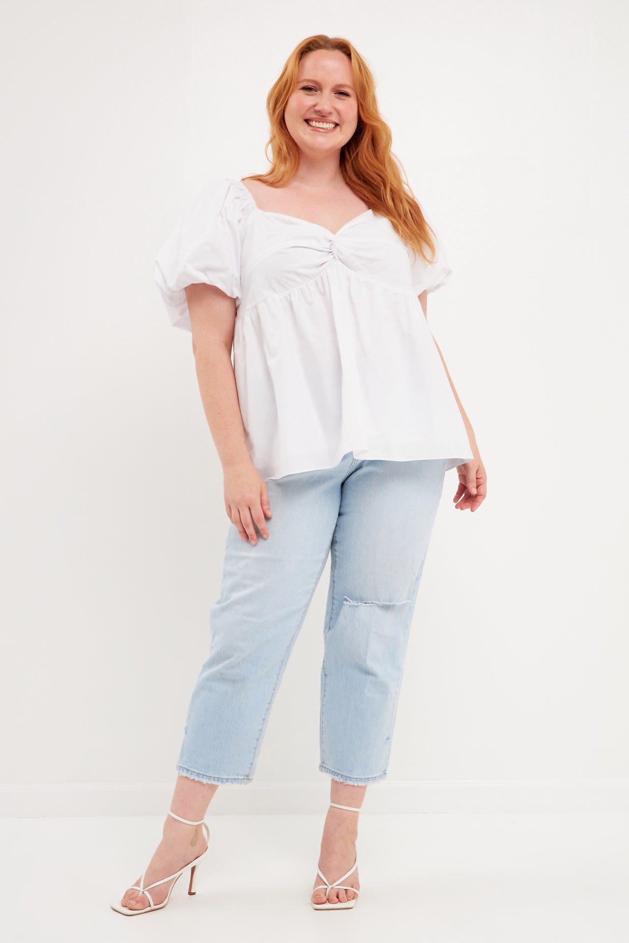 Plus Size Knotted Top with Balloon Sleeves