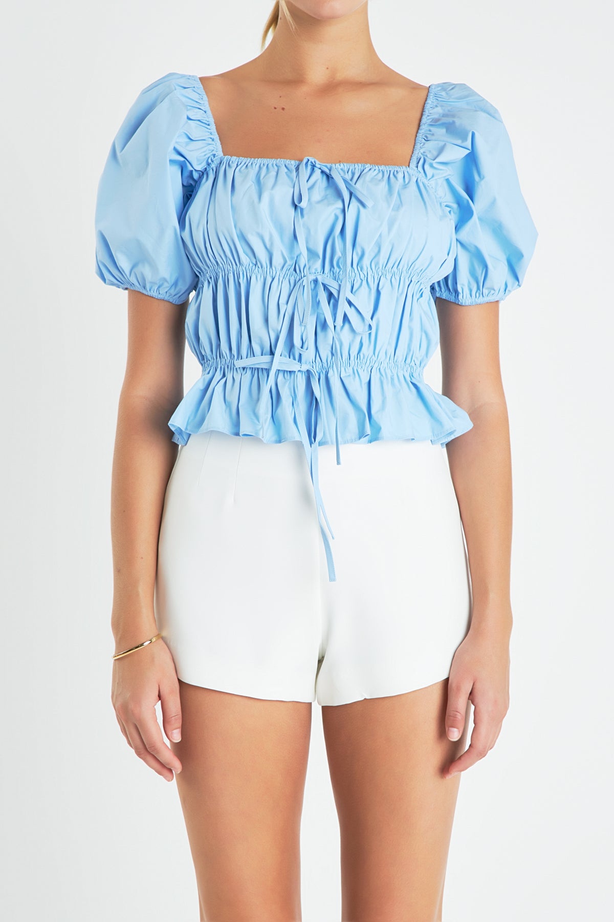 Tie Detail Shirring Top with Short Sleeves
