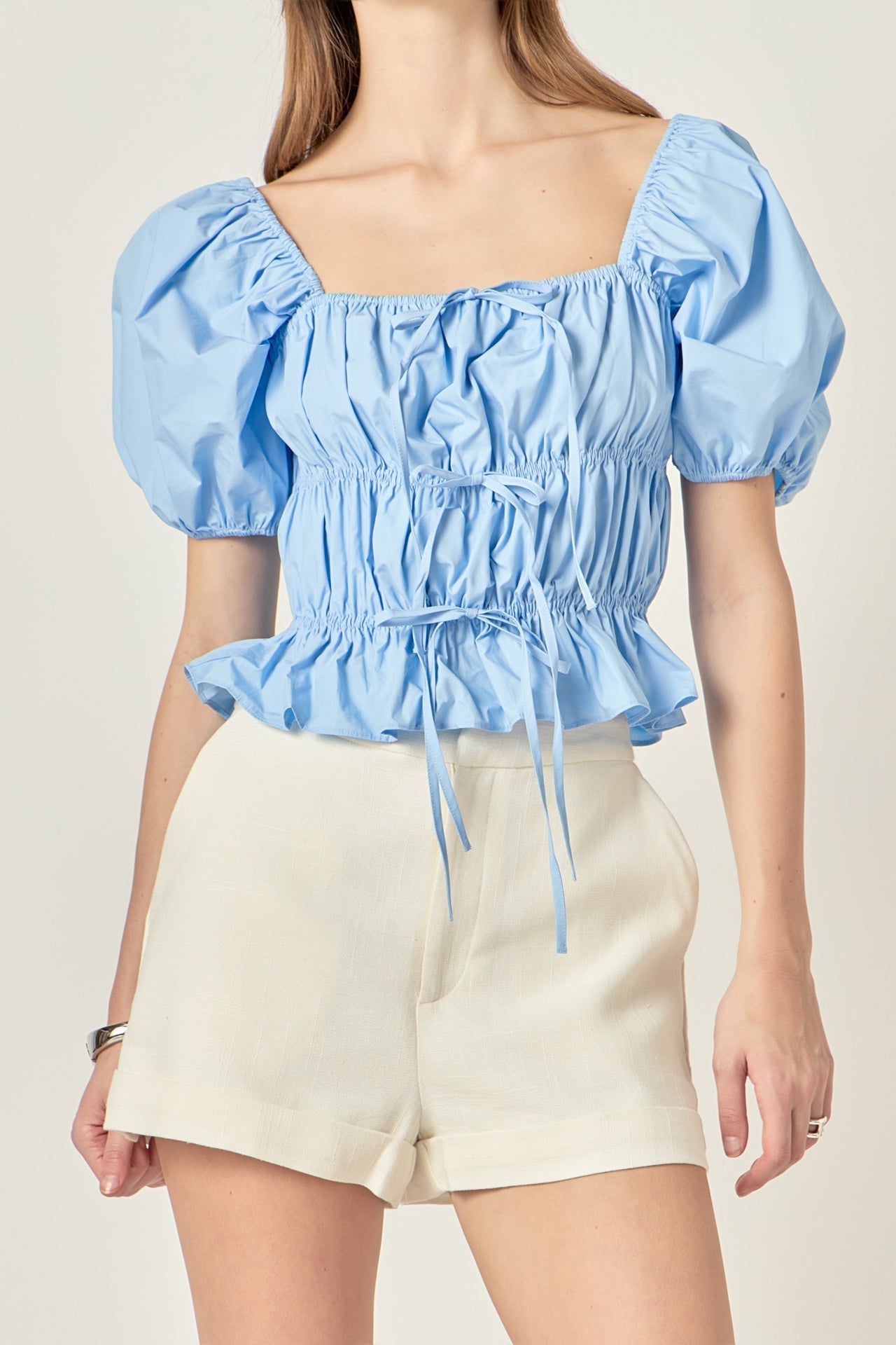 ENGLISH FACTORY - Tie Detail Shirring Top with Short Sleeves - TOPS available at Objectrare