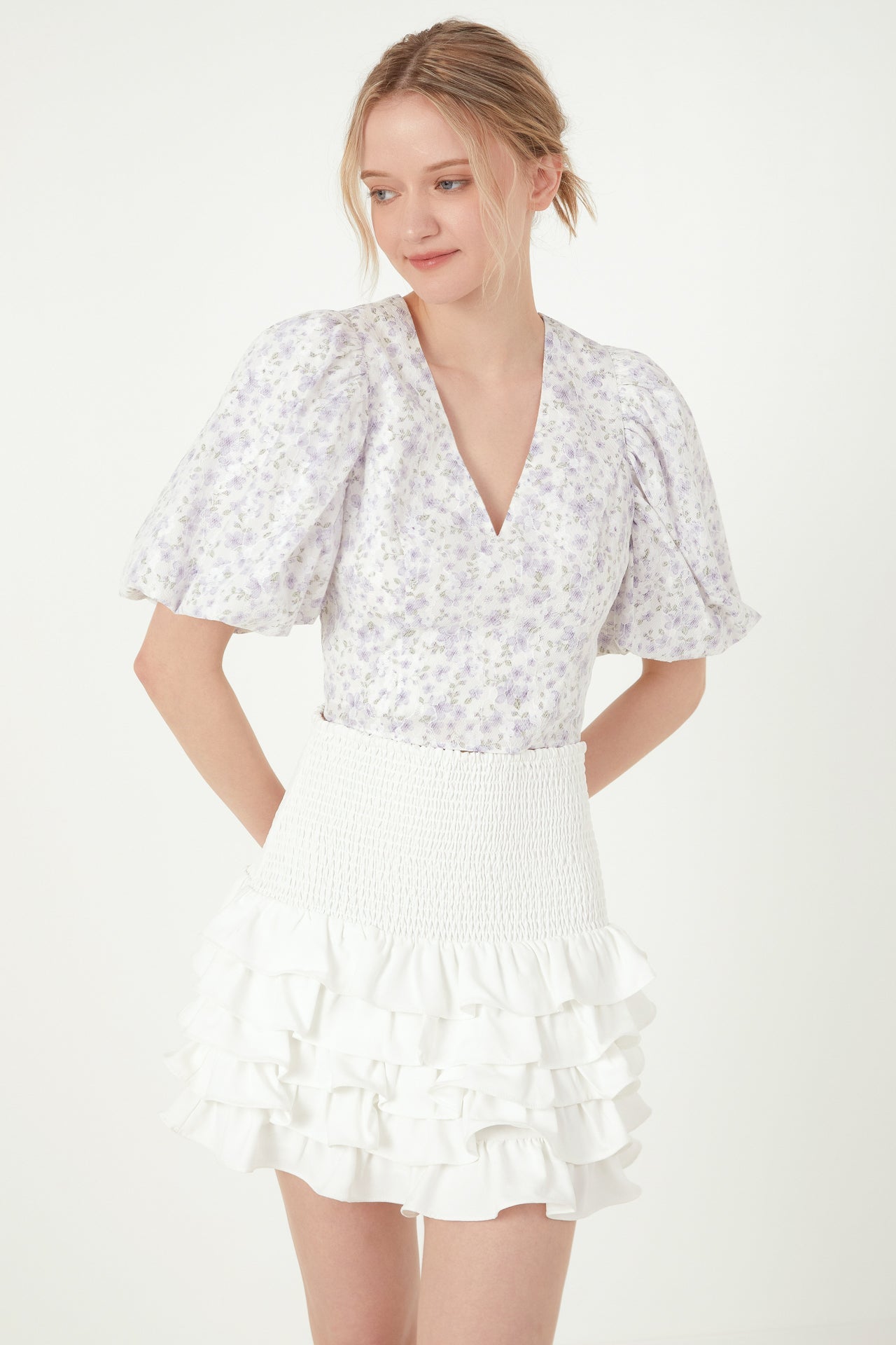 FREE THE ROSES - Floral Balloon Sleeve Top with Lace Texture - TOPS available at Objectrare